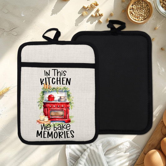 Red Farmhouse Oven Pot Holder - We Bake Memories Quote Rustic Linen Hot Pad for Christmas Kitchen Decor  Holiday Gifts