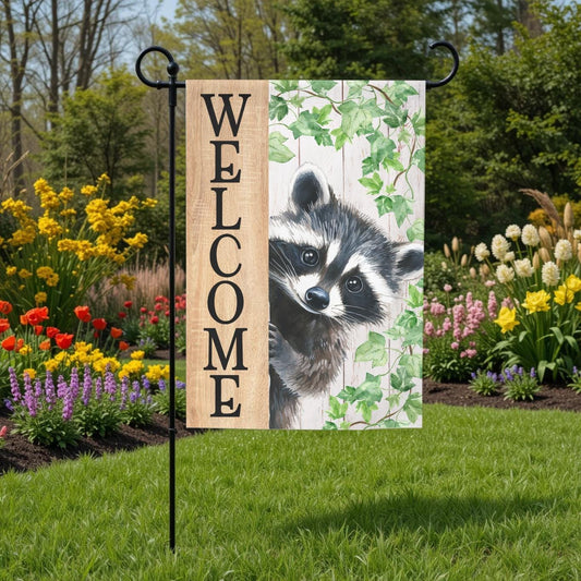 Welcome Raccoon Garden Flag – Rustic Woodland Yard Decor | Double Sided, UV Resistant
