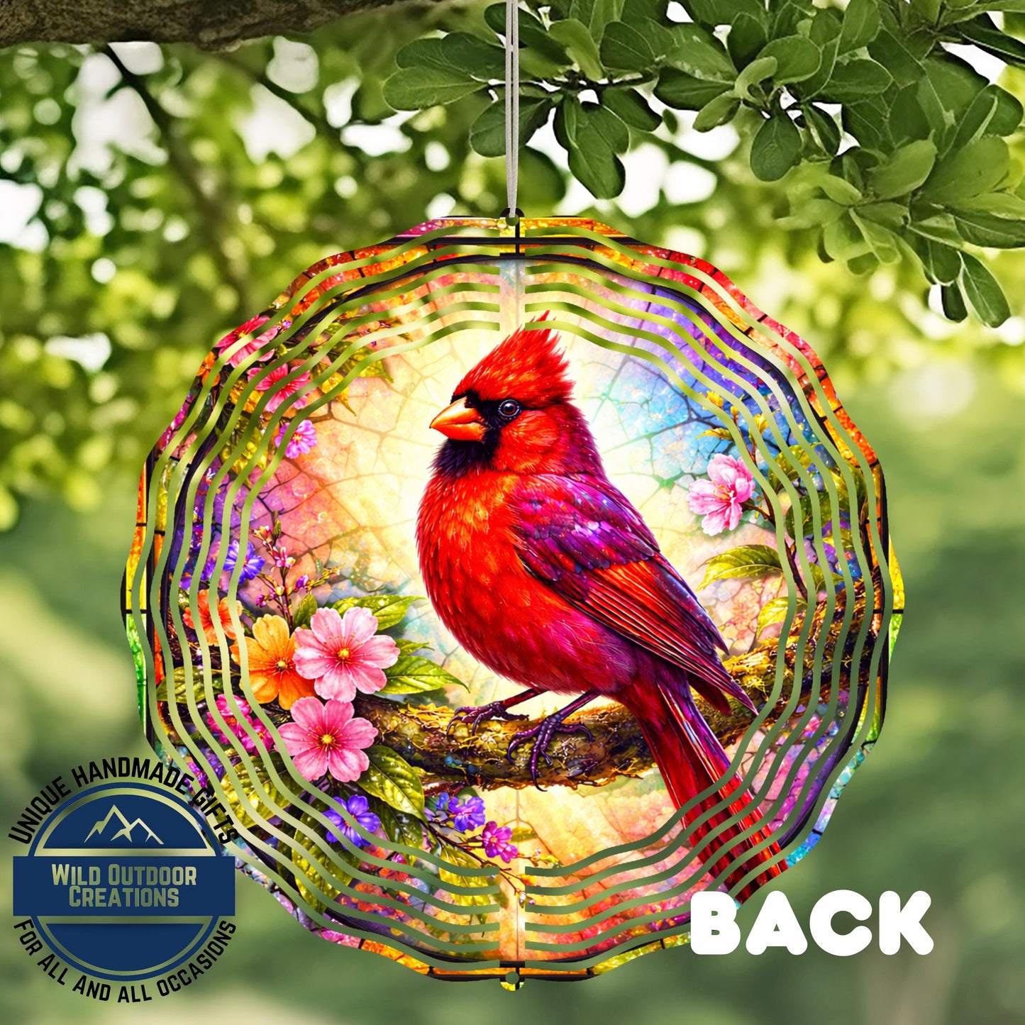 Cardinal Wind Spinner - 10 Inch Aluminum Outdoor Garden Decor With Pink Yellow Flowers