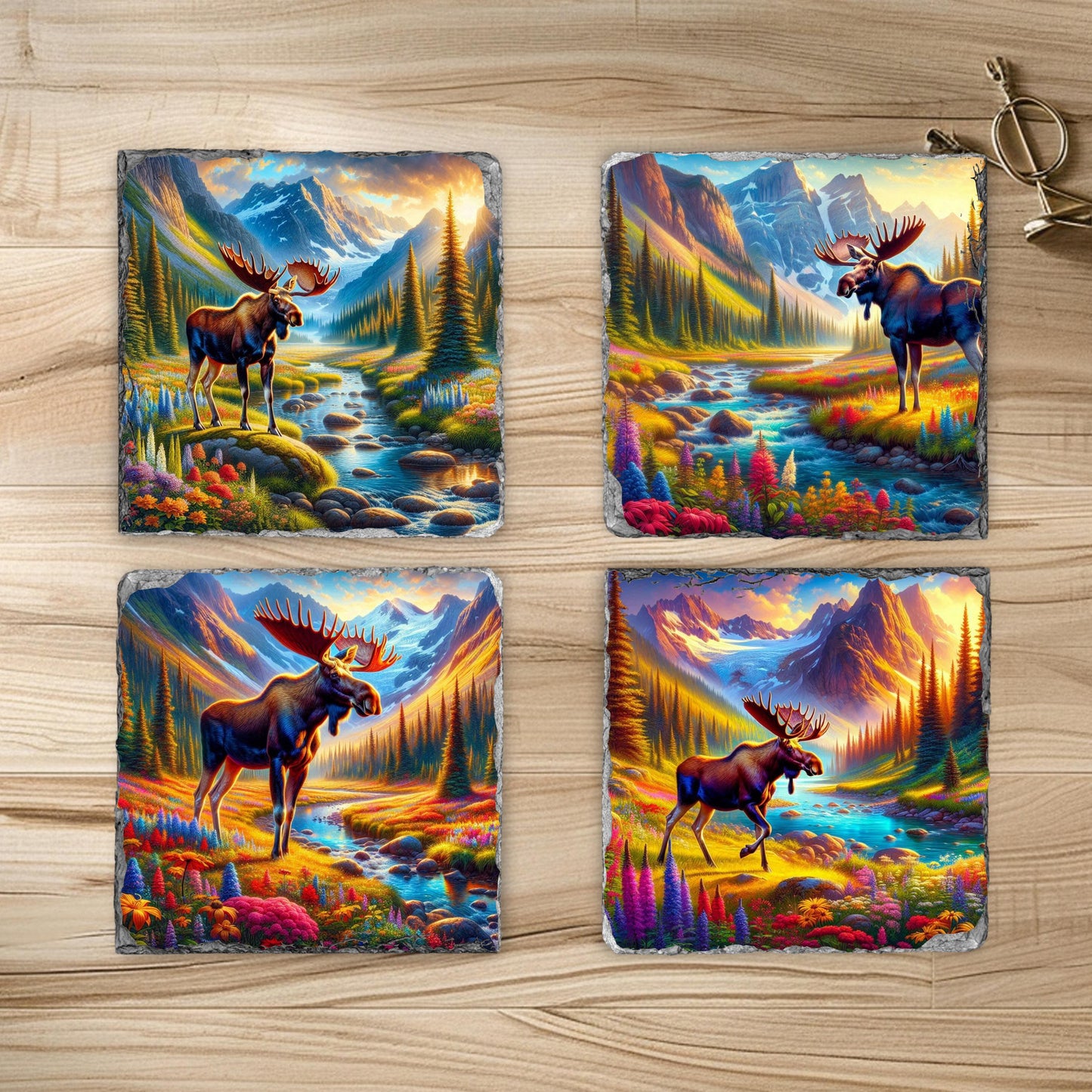 Slate Coaster Set with Moose  Mountain Views - Fractured Edges Ideal Nature Lover Gift
