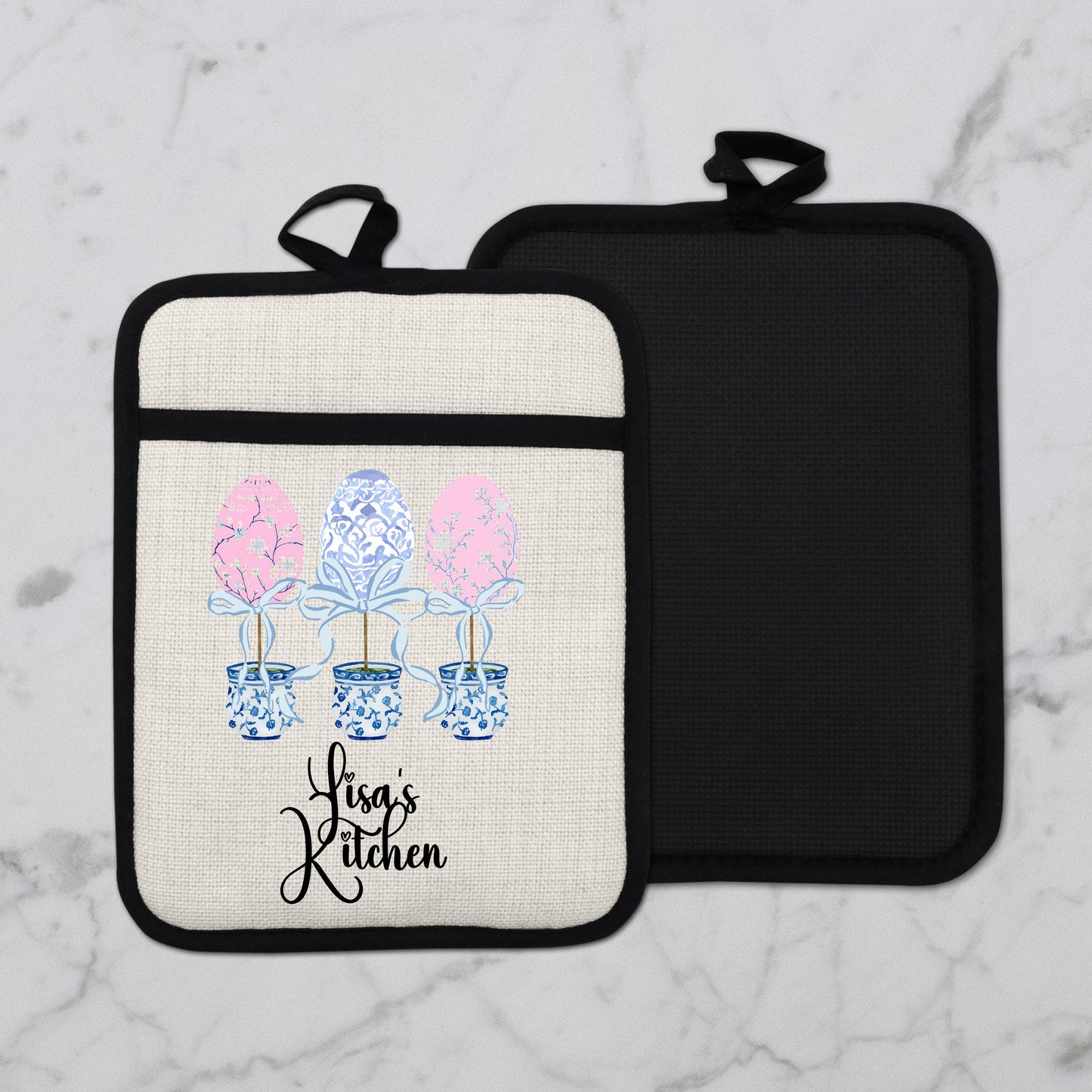 Personalized Easter Pot Holder – Custom Linen Kitchen Gift with Chinoiserie Eggs - additional product photo 12