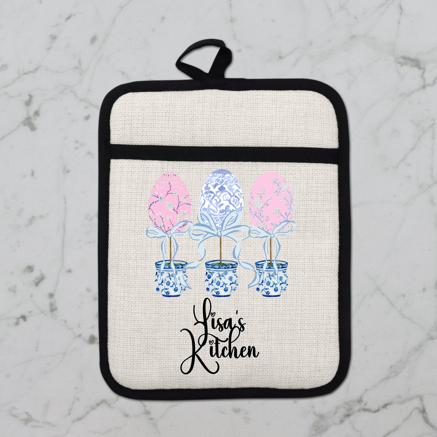 Personalized Easter Pot Holder – Custom Linen Kitchen Gift with Chinoiserie Eggs - additional product photo 10