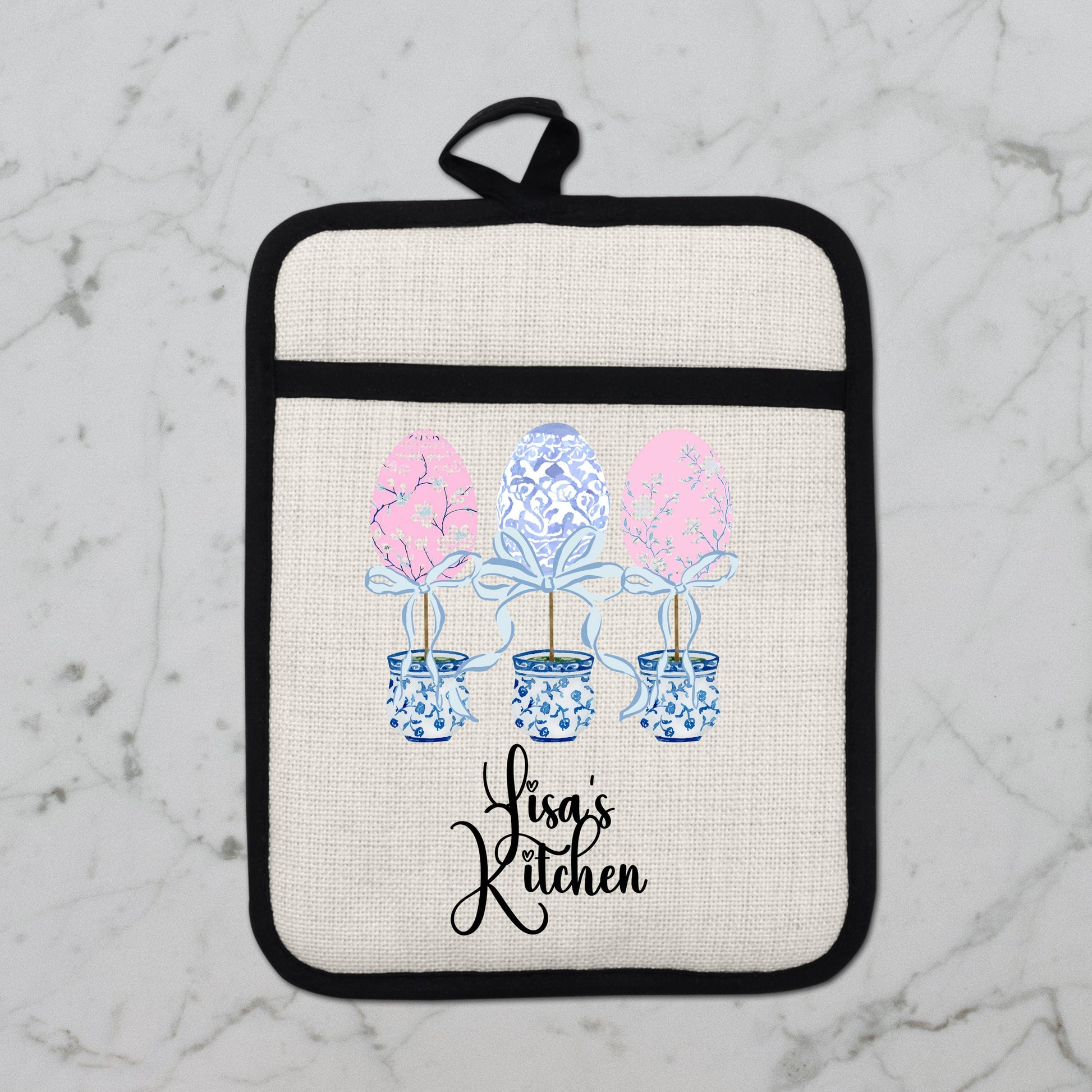 Personalized Easter Pot Holder – Custom Linen Kitchen Gift with Chinoiserie Eggs - additional product photo 10