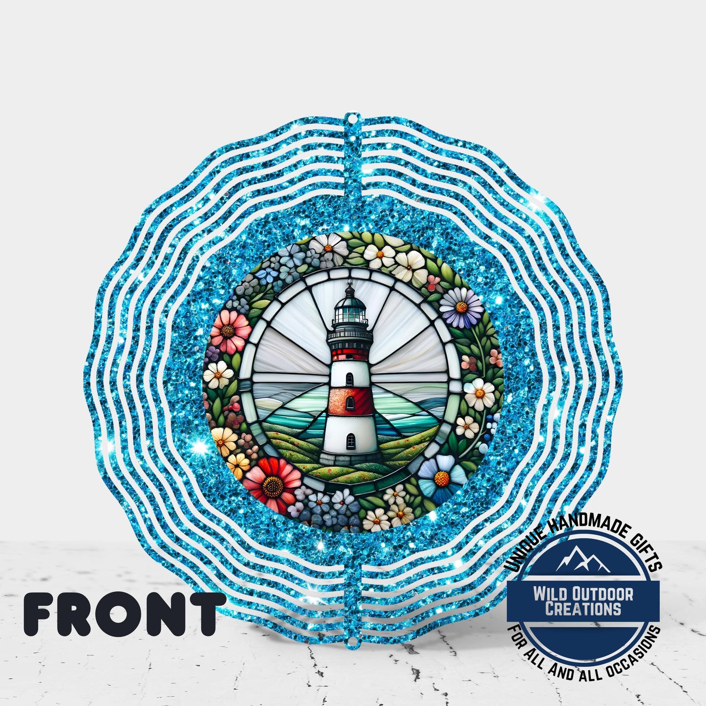 Coastal Lighthouse Wind Spinner – Aluminum Outdoor Garden Decor with Blue Glitter