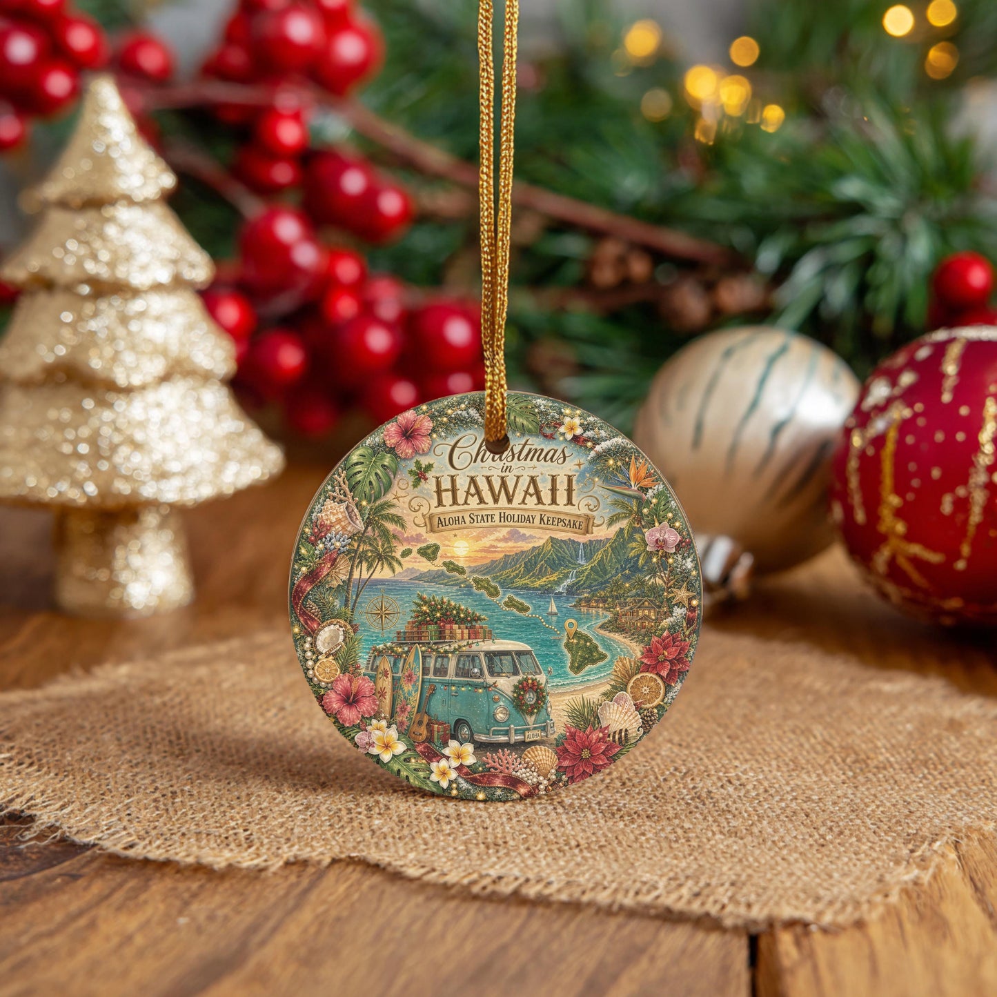 Hawaii Ornament, Vintage Van Aloha State Keepsake, 3 Inch Ceramic