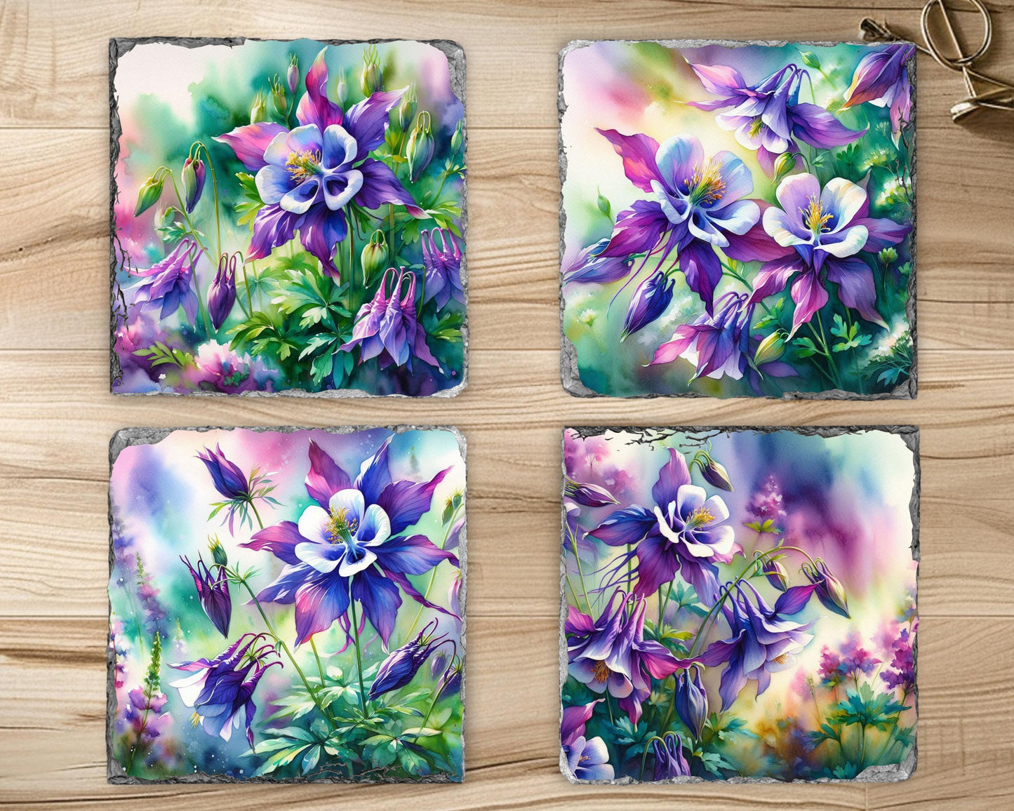 Watercolor Columbine Slate Coaster Set with Fractured Edges - Elegant Nature-Inspired Home Decor