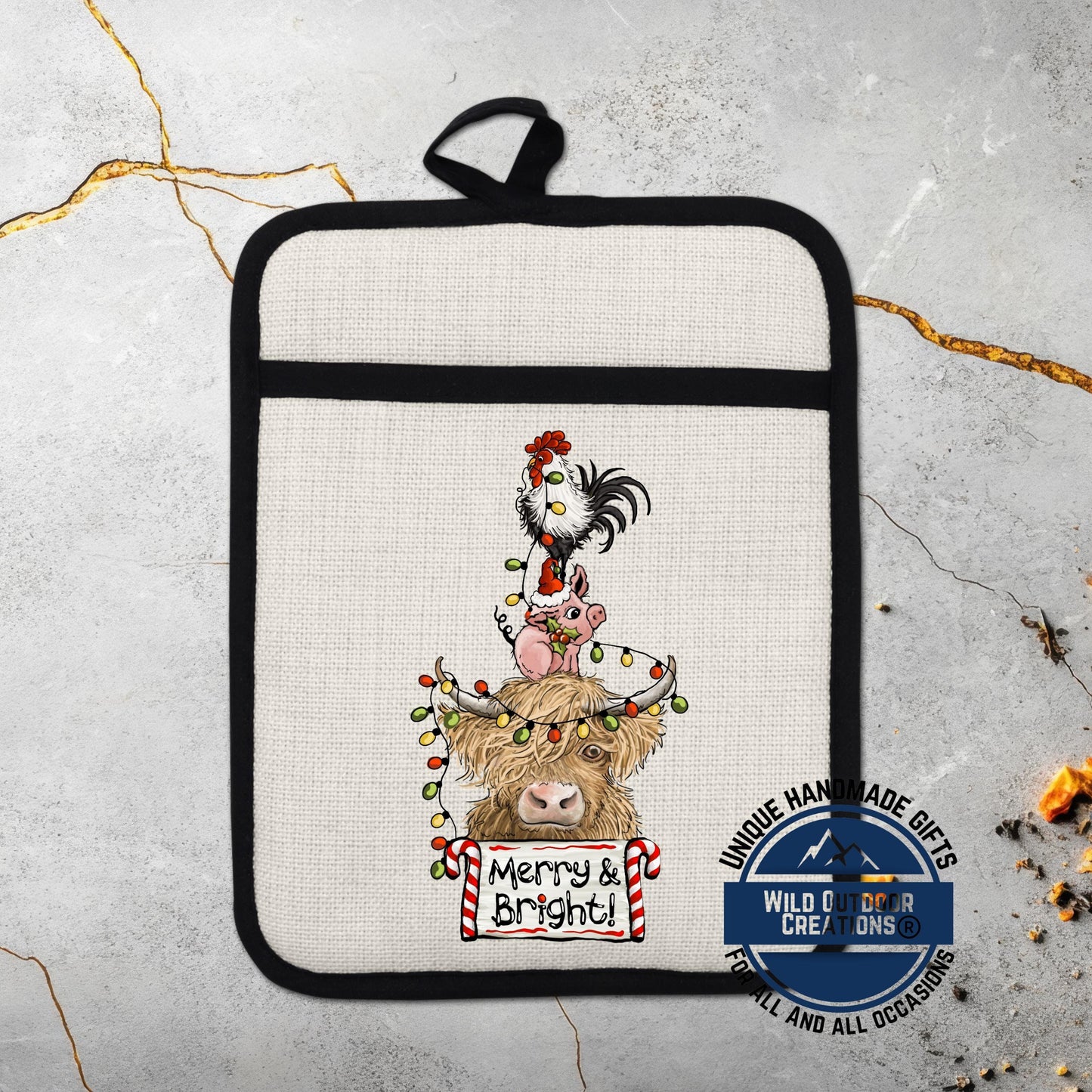 Highland Cow Pot Holder Linen Hot Pad Pig Rooster Merry Bright Kitchen Gift