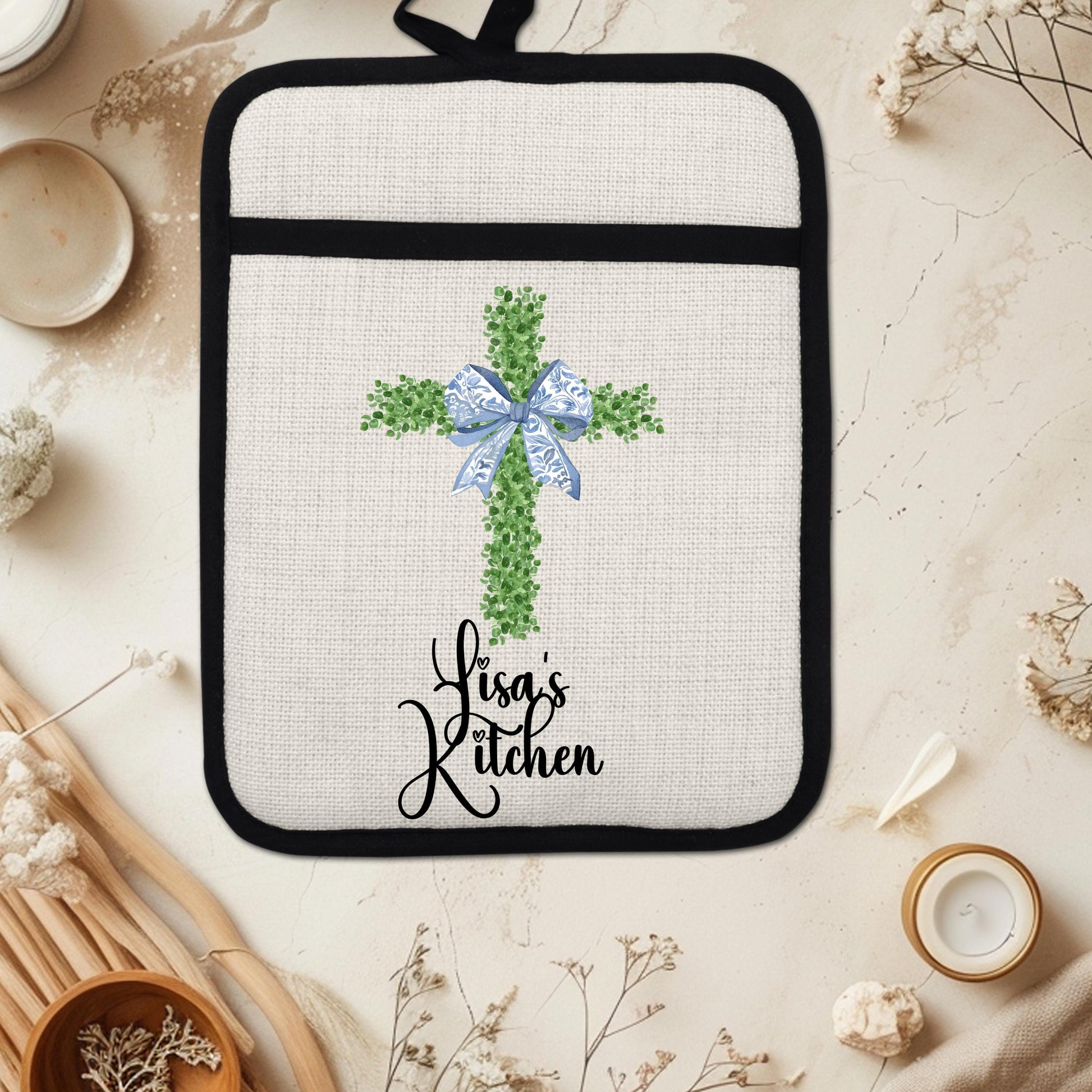 Personalized Christian Pot Holder - Custom Name Floral Cross Kitchen Gift - detail view