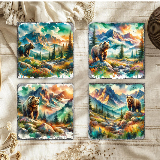 Brown Bear Mountain Watercolor Slate Coaster Set with Black Rack  Unique Nature Gift for Wildlife Enthusiasts