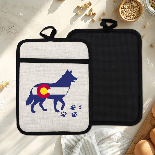 Colorado Wolf Pot Holder - Linen Front, Silicone Trivet, Heat Resistant Pad