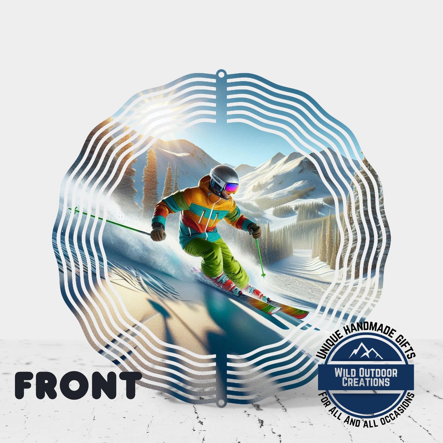 Skier Wind Spinner – Vibrant Double Sided Aluminum Art with 360 Degree Swivel - back side design view
