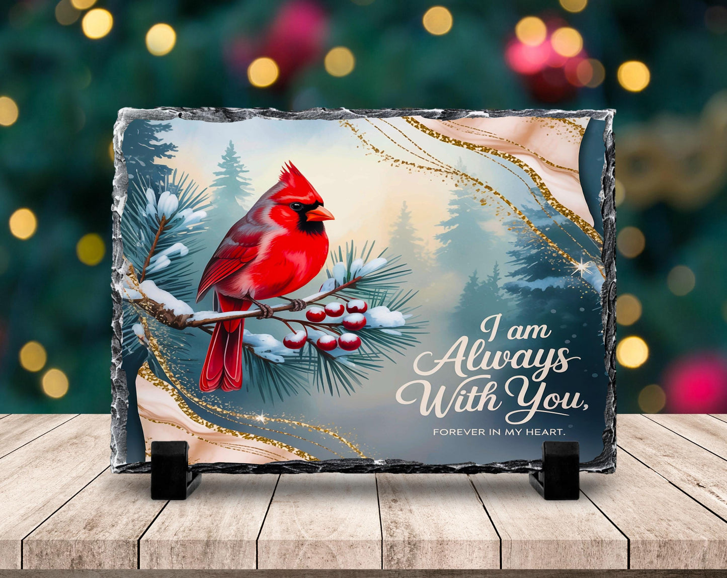 Red Cardinal Slate Plaque with Fractured Edges Holly and Heartfelt Quote