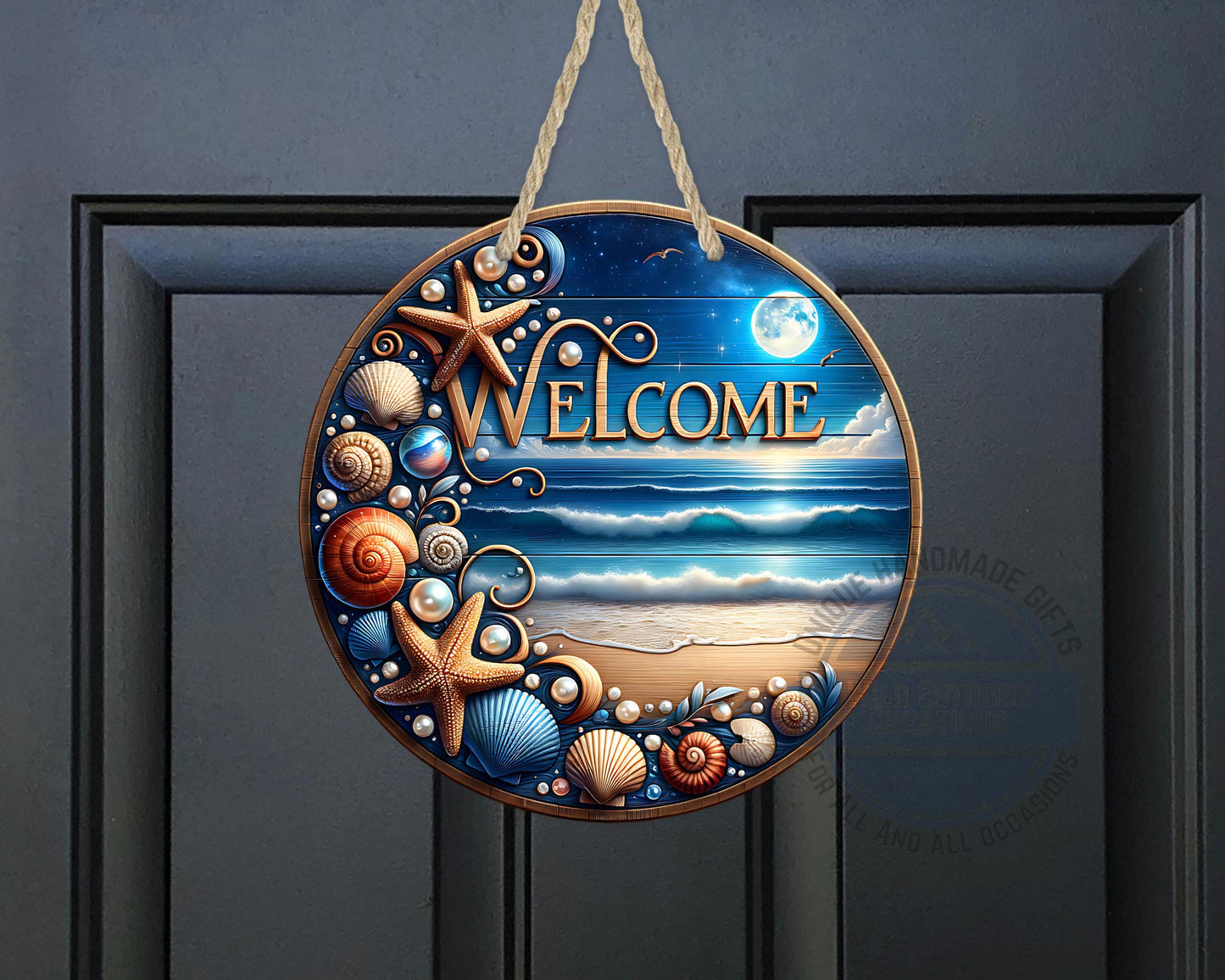 Coastal Door Sign – Nighttime Ocean View | Weather-Resistant Aluminum Outdoor Welcome