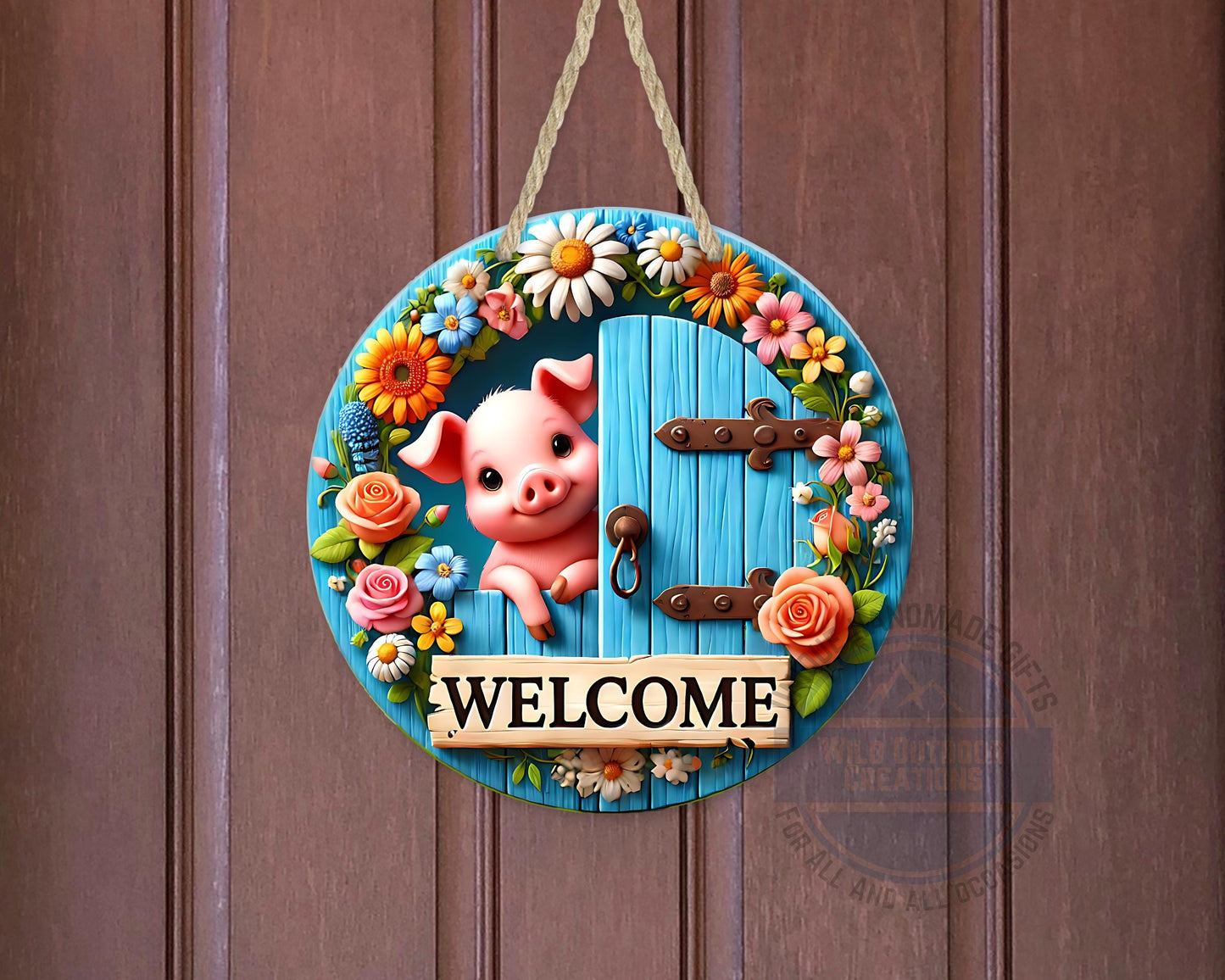 Pig Door Hanger – Farmhouse Welcome Sign | Floral Blue Wood Aluminum Decor