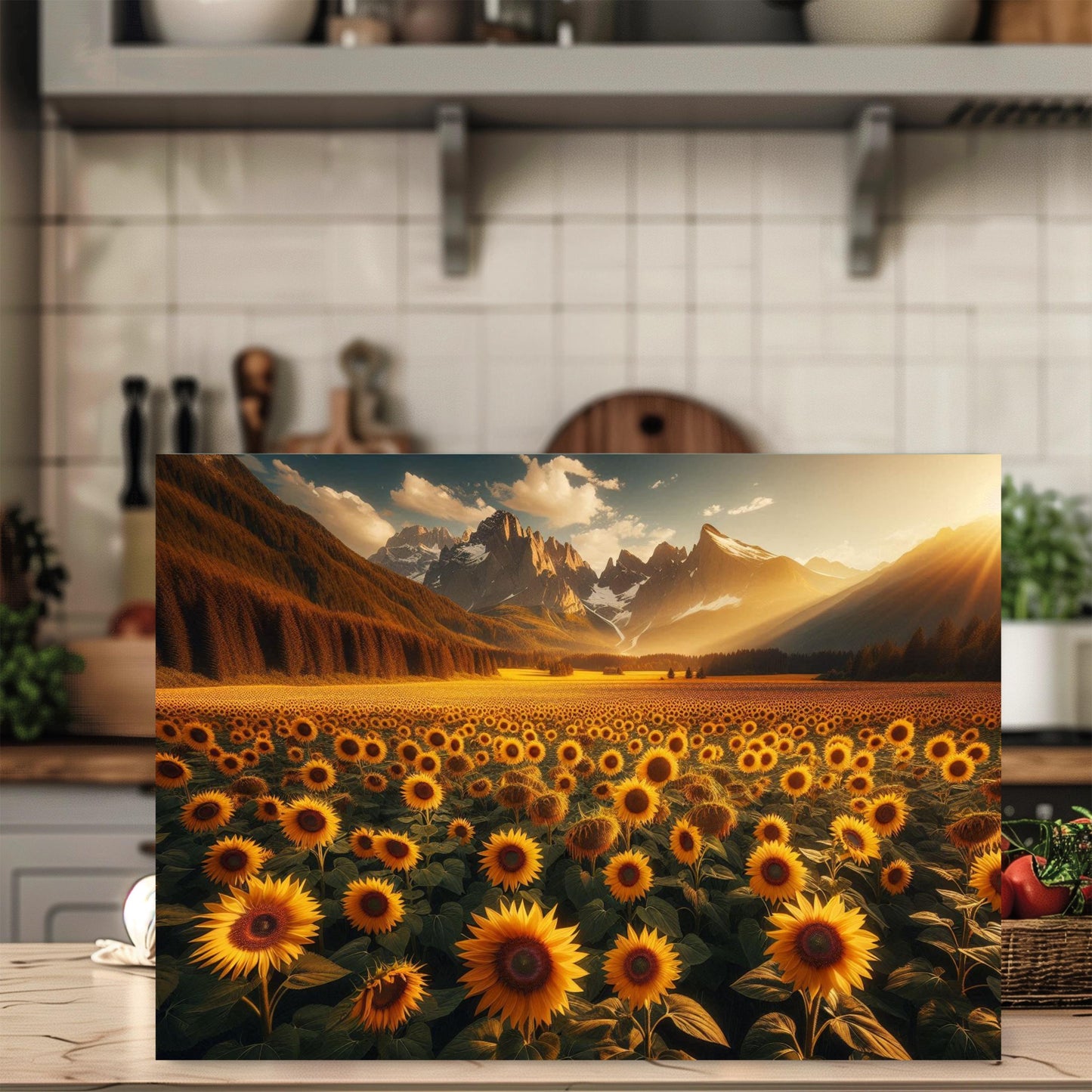 Mountain Sunset Sunflower Cutting Board, Large Glass Kitchen Board, Hostess Housewarming Gift, Charcuterie Board, Challah Board, Unique Gift
