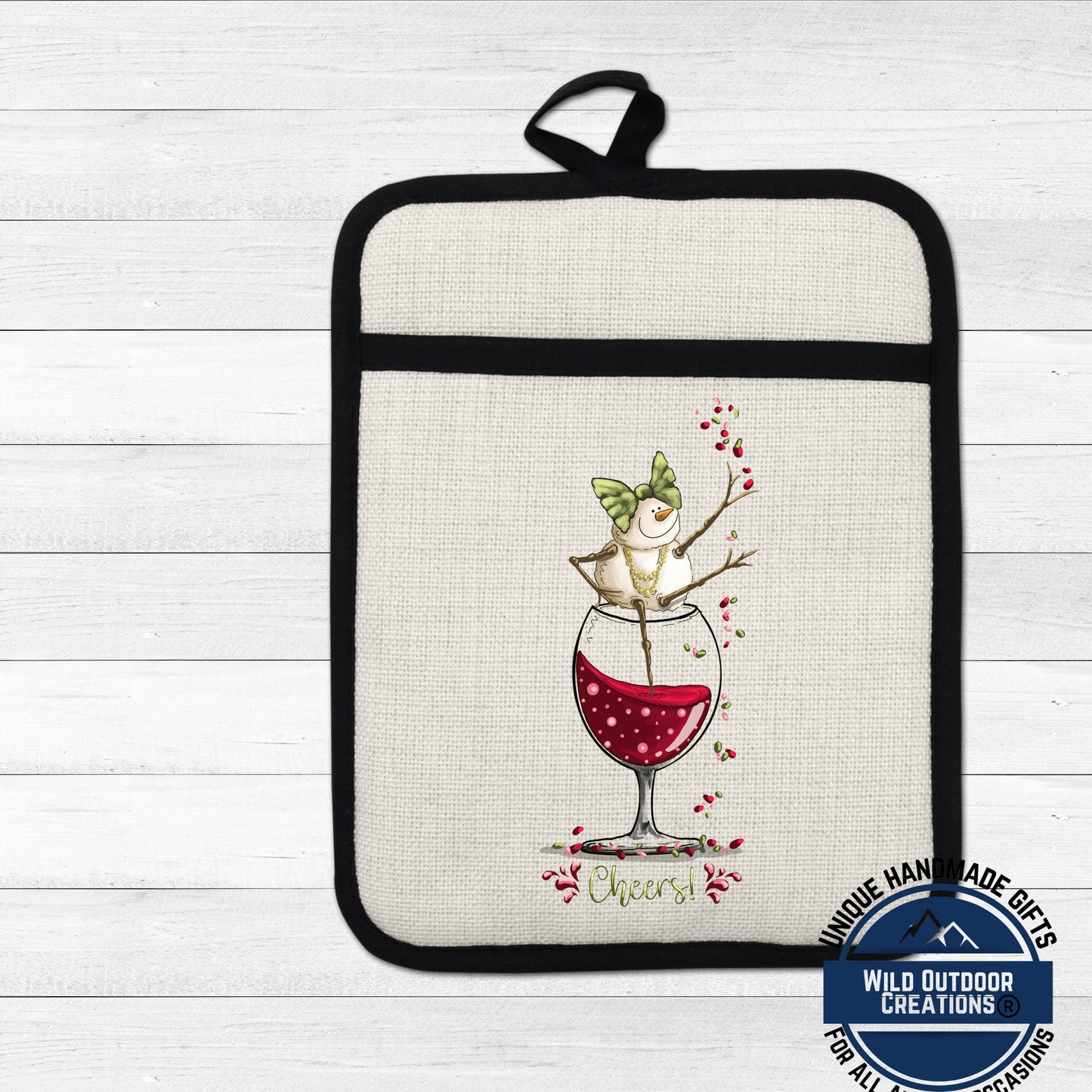 Wine Snowman Pot Holder Linen Hot Pad Cheers Kitchen Gift Wine Lover
