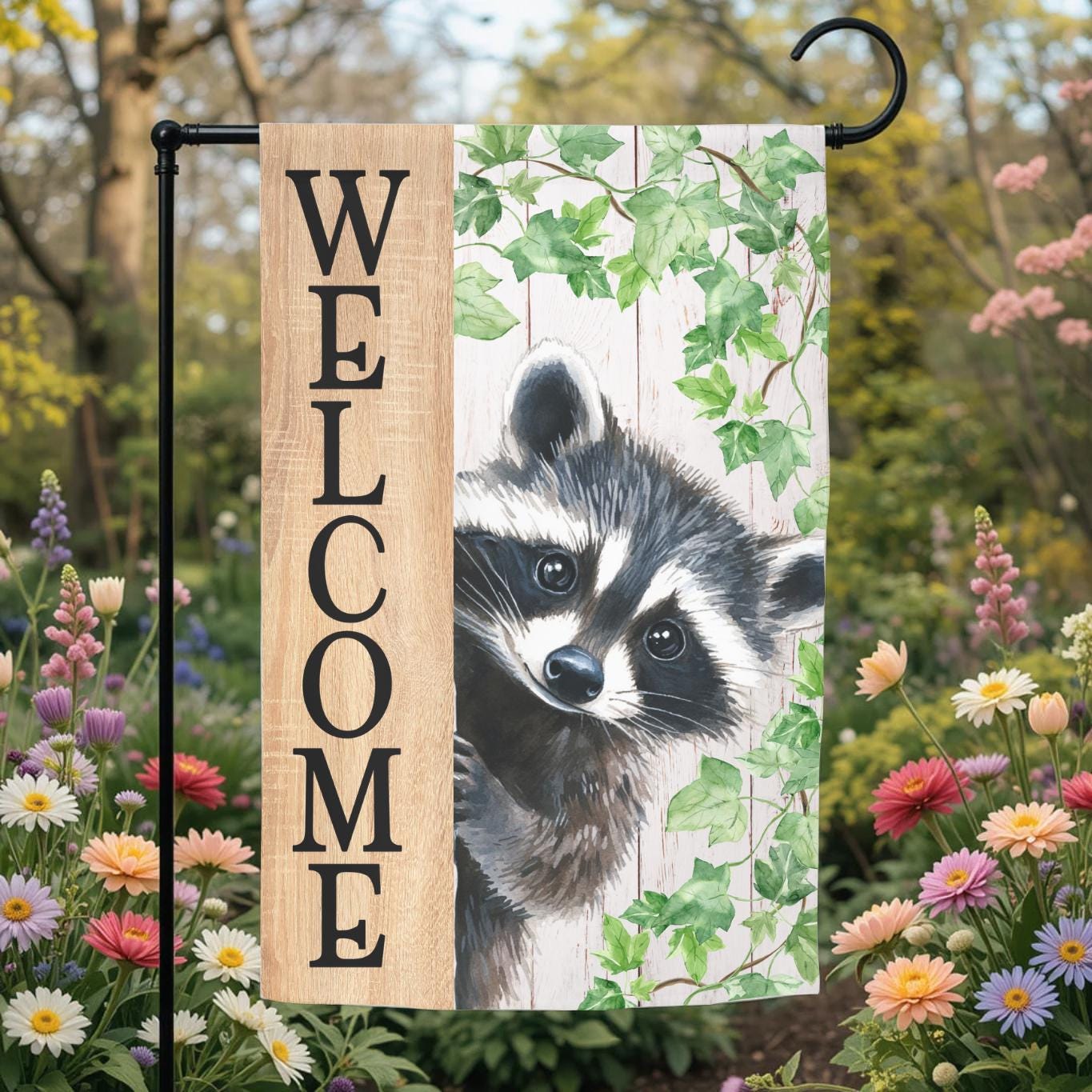 Welcome Raccoon Garden Flag – Rustic Woodland Yard Decor | Double Sided, UV Resistant - additional product photo 11