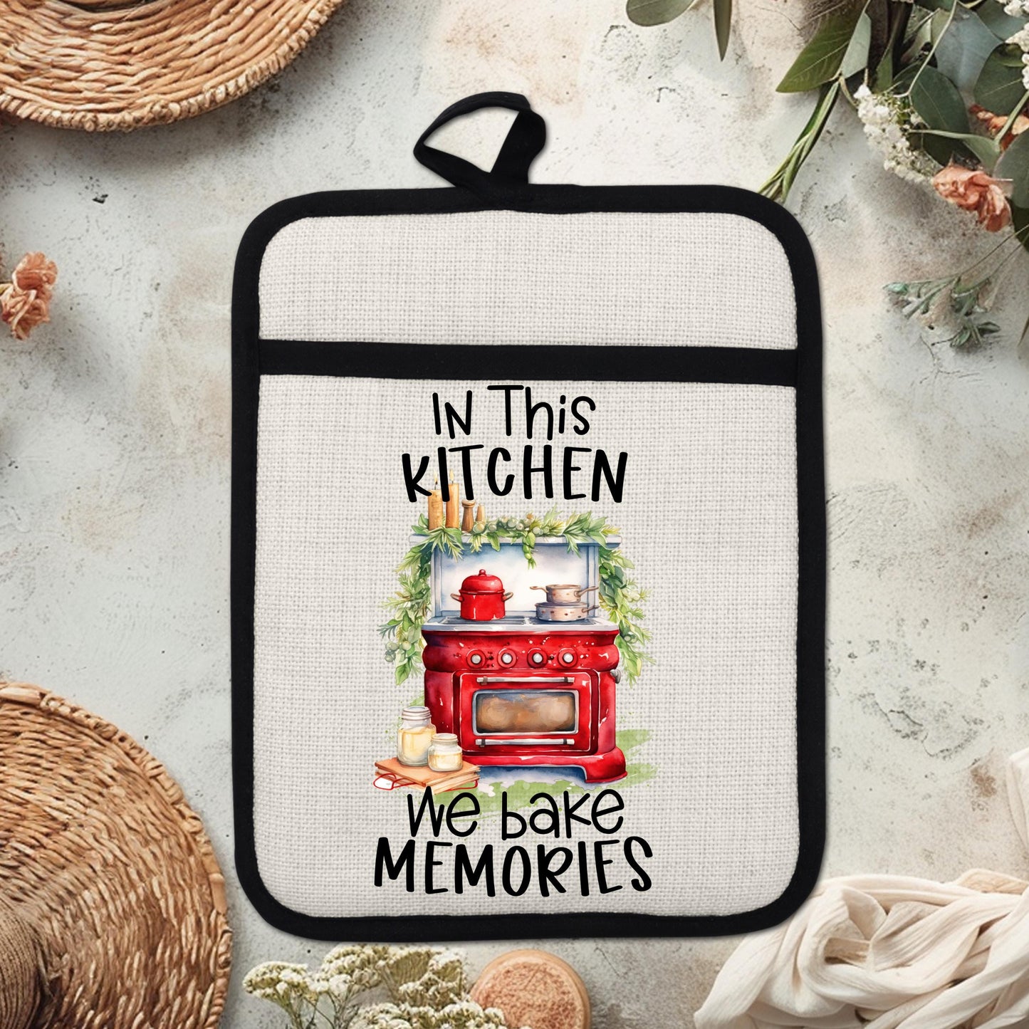Red Farmhouse Oven Pot Holder - We Bake Memories Quote Rustic Linen Hot Pad for Christmas Kitchen Decor  Holiday Gifts