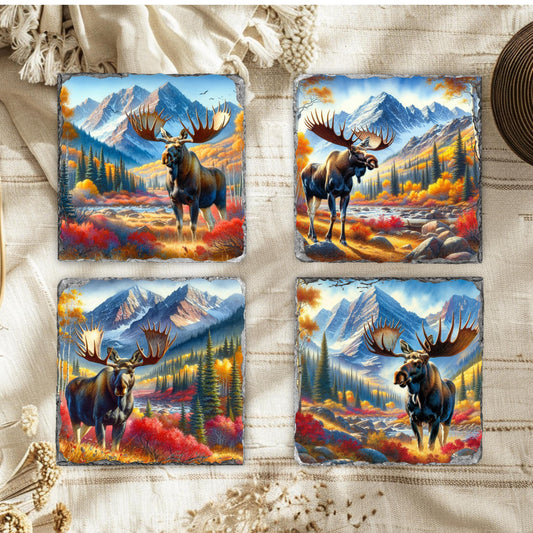 Slate Coaster Featuring Moose in Autumn Mountain Valley  Ideal Gift for Nature Enthusiasts