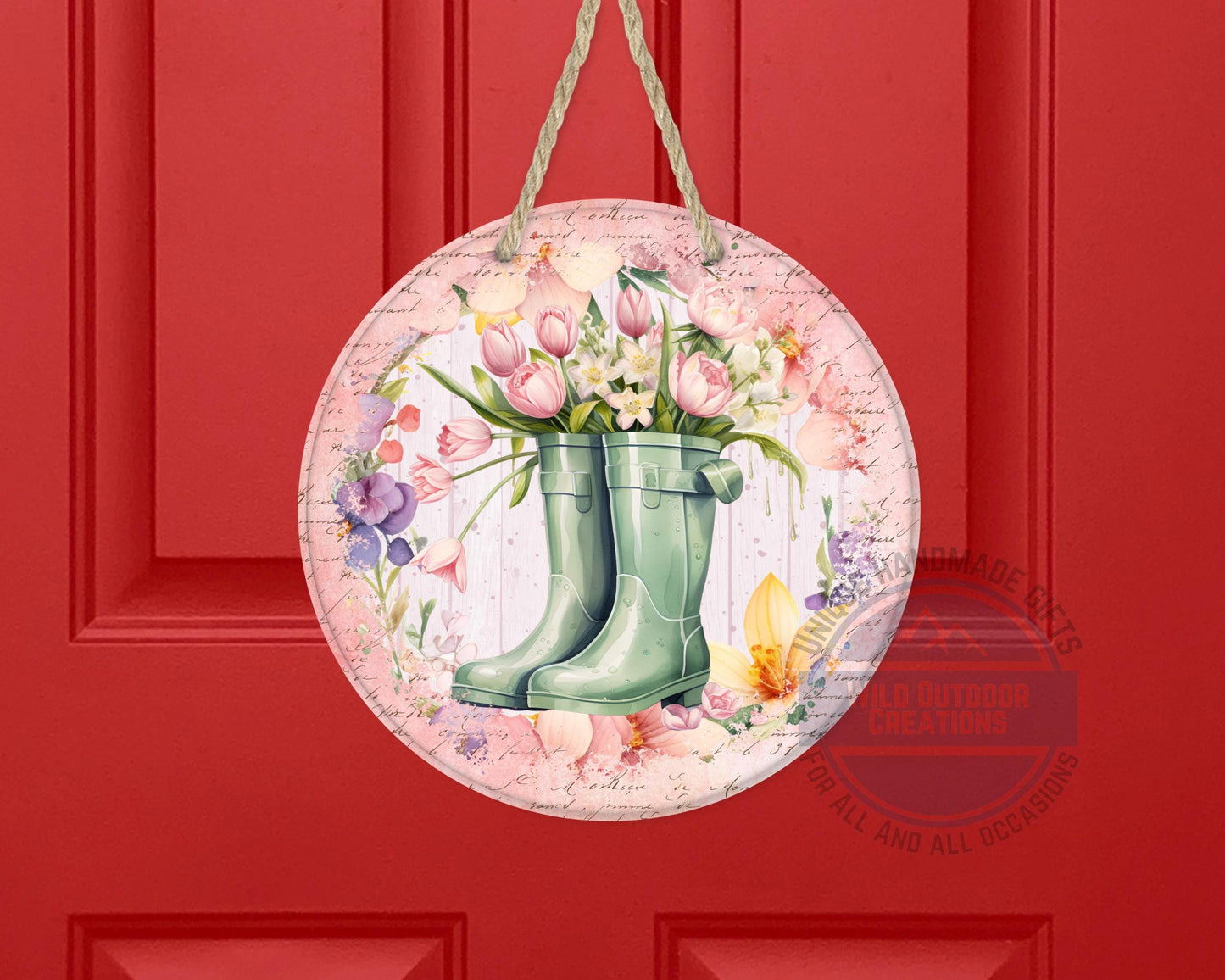 Spring Garden Boots - Pink Tulip Floral Door Hanger | Rustic Farmhouse Charm