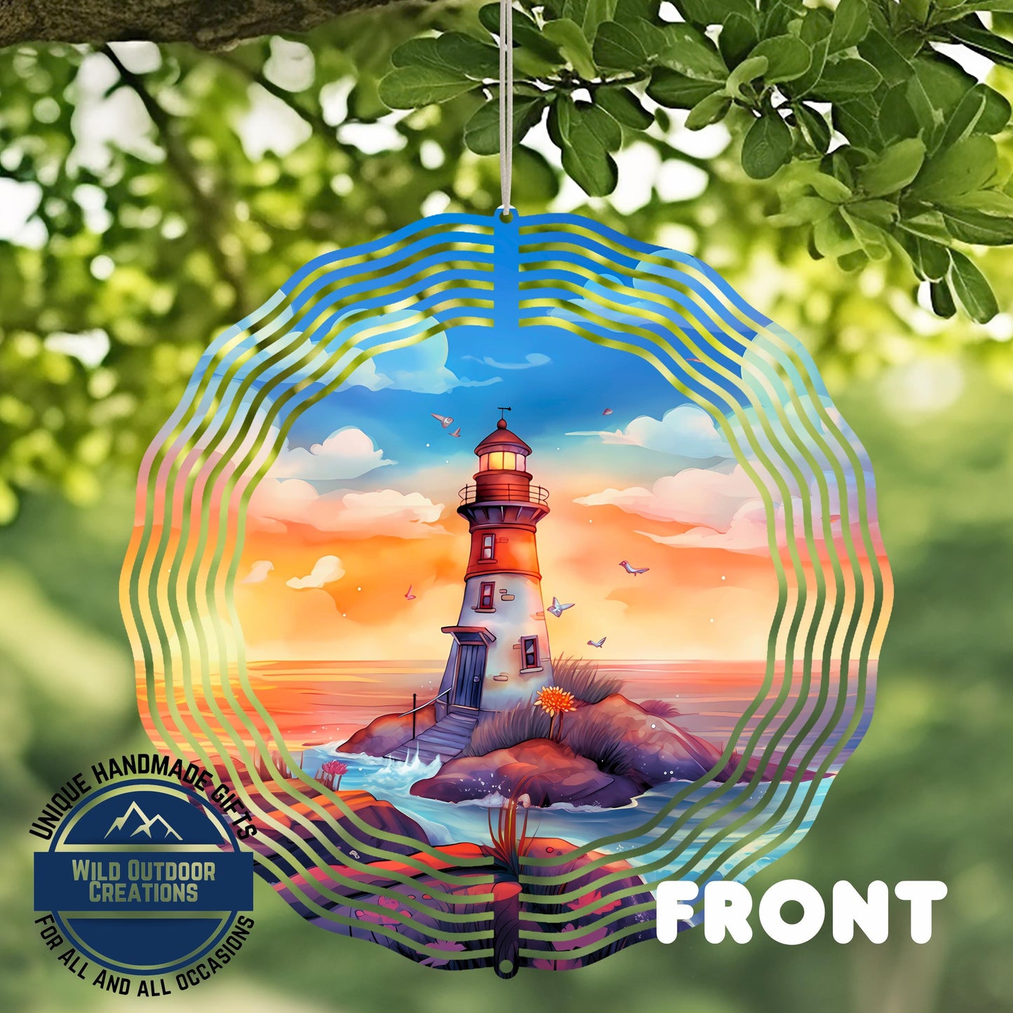 Watercolor Lighthouse Wind Spinner – Coastal Patio Decor with 360 Degree Swivel
