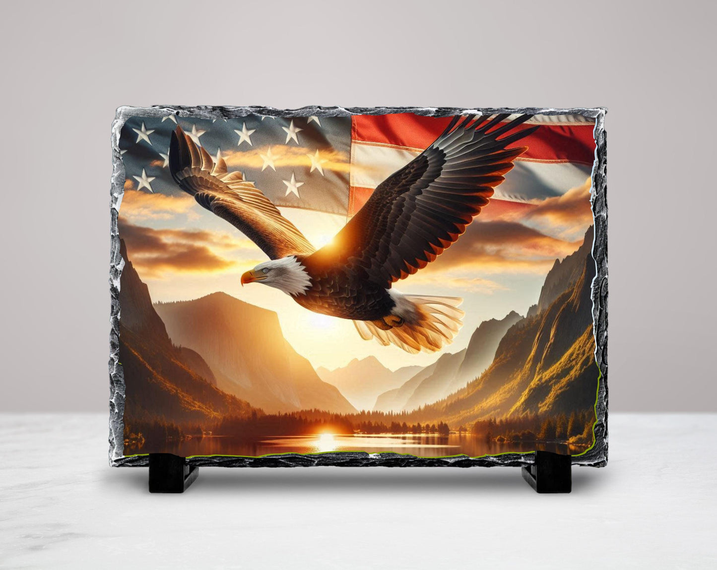 Patriotic Slate Sign - Bald Eagle Decor with American Flag Art, Rustic Slate Sign