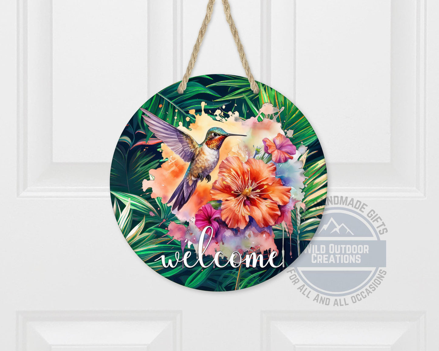 Tropical Hummingbird Door Hanger - Colorful Floral Welcome Sign with Fade Resistant Print