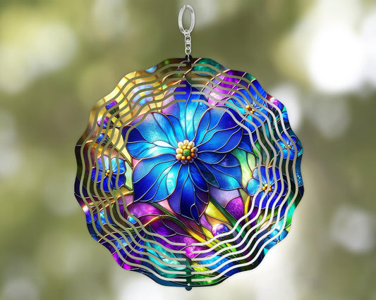 Colorful Forget-Me-Not Flower Spinner, 10 Inch Aluminum Faux Stained Glass