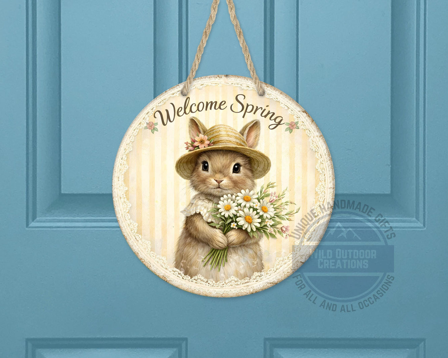 Spring Bunny Door Hanger – Floral Rabbit Wreath with Daisy Bouquet Sign