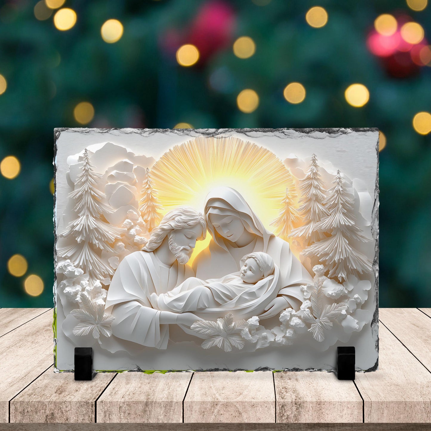 Fractured Edges Slate Plaque - 3D Nativity Scene with Mary Joseph  Baby Jesus
