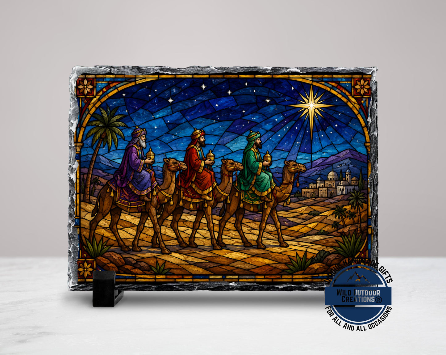 Three Wise Men Faux Stained Glass Slate Plaque, Christmas Nativity Decor, Religious Gift