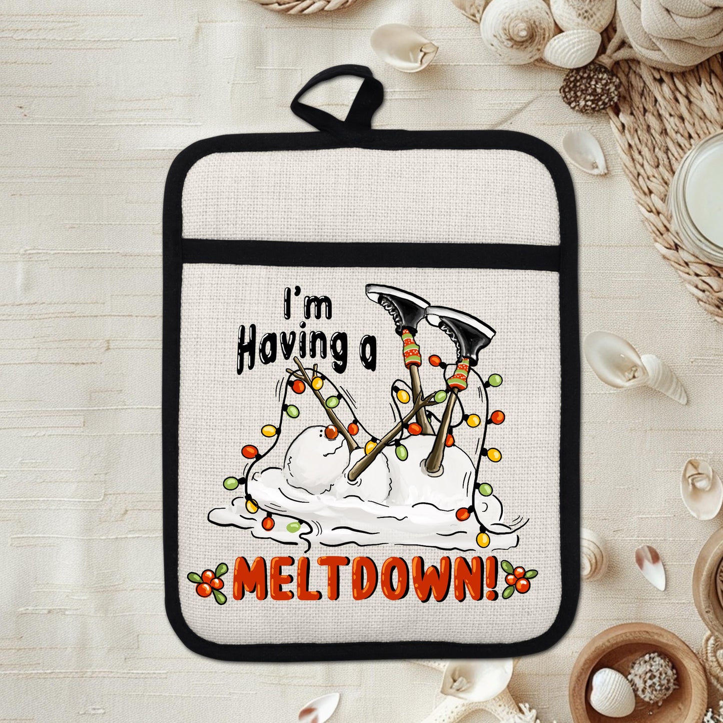 Funny Snowman Pot Holder with Im Having a Meltdown Quote - Holiday Kitchen Decor with Christmas Lights  Holly