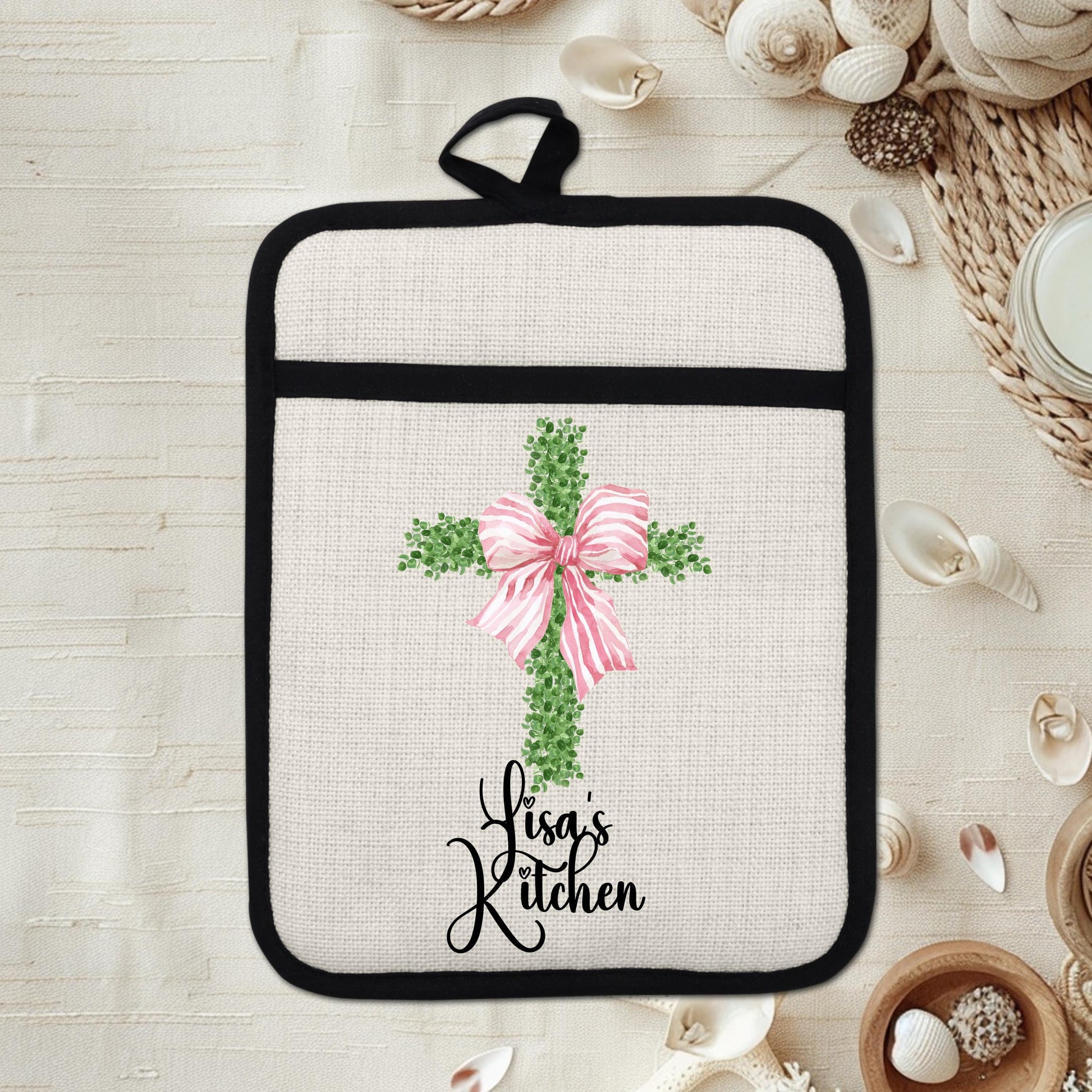 Personalized Cross Pot Holder – Pink Floral Cross, Custom Name Kitchen Gift - gift presentation view