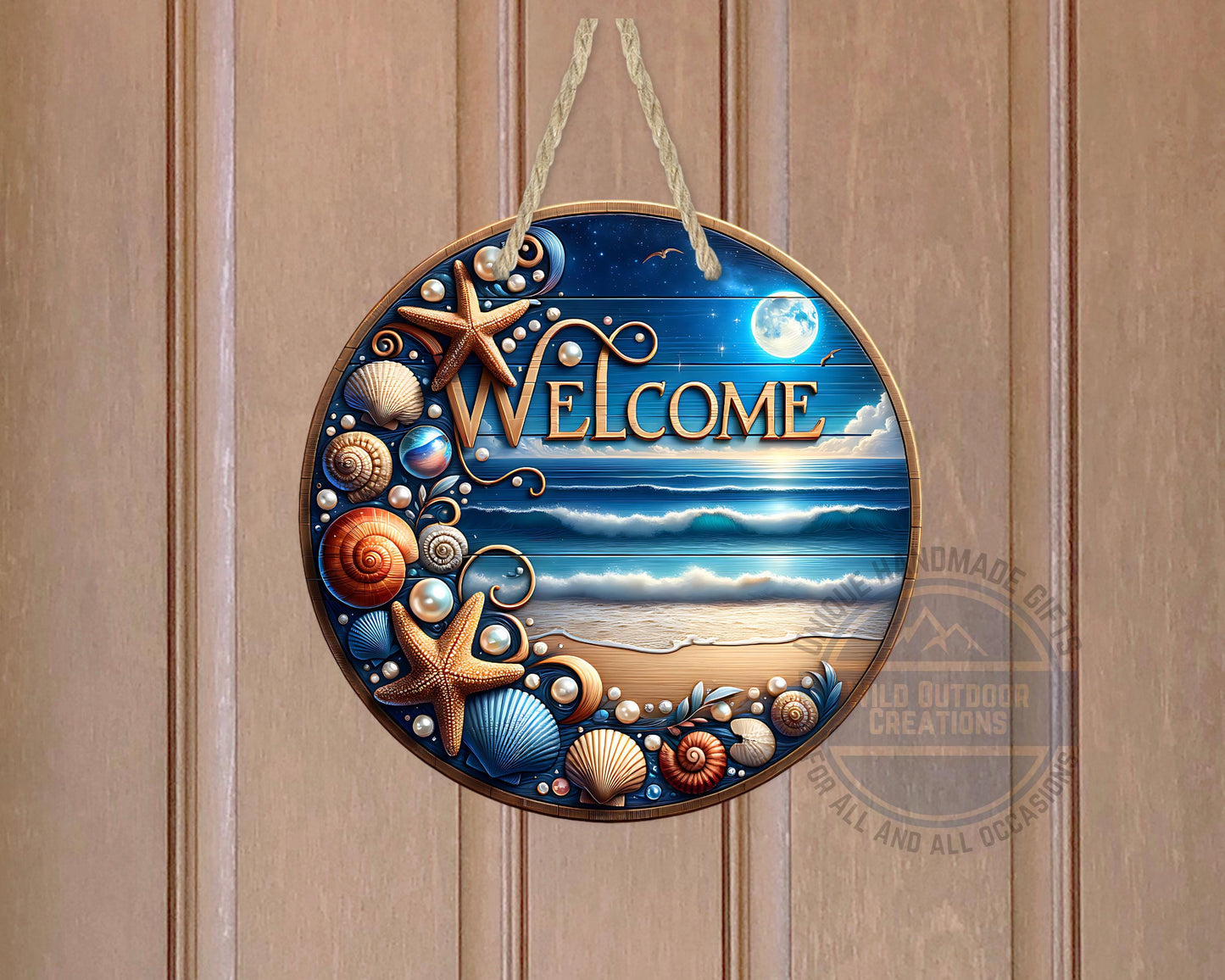 Coastal Door Sign – Nighttime Ocean View | Weather-Resistant Aluminum Outdoor Welcome