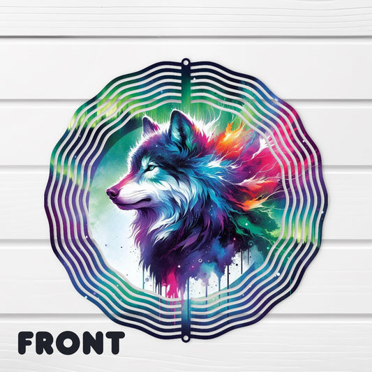Double-Sided Wolf Profile Wind Spinner with Northern Lights Mountain Scene - Outdoor Art 10x10