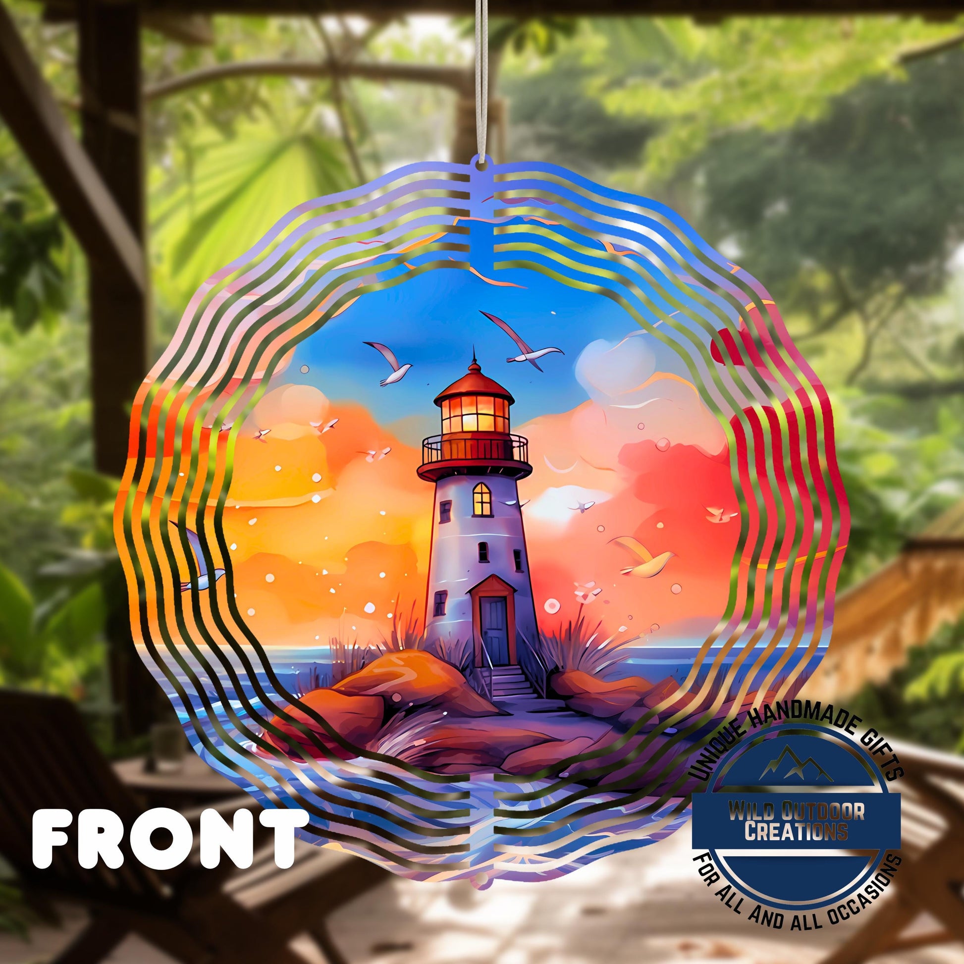 Lighthouse Wind Spinner – 10 Inch Double Sided Aluminum Coastal Yard Art - gift presentation view