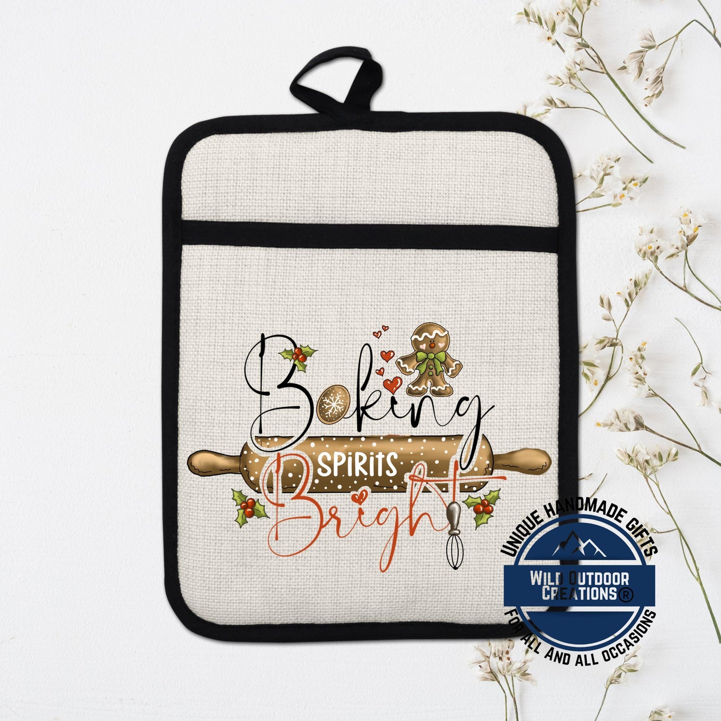 Baking Spirits Bright Christmas Pot Holder Linen Hot Pad Gingerbread Kitchen Gift