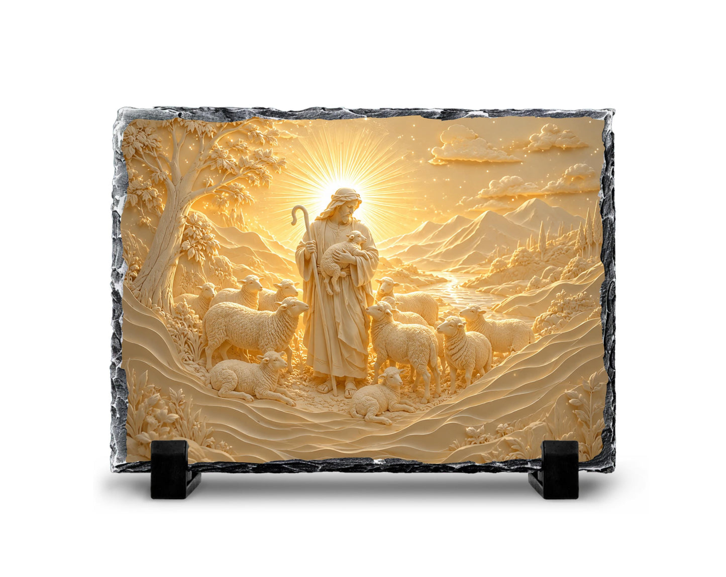 a shepherd tending to his flock of sheep, with a bright sun shining above the scene.