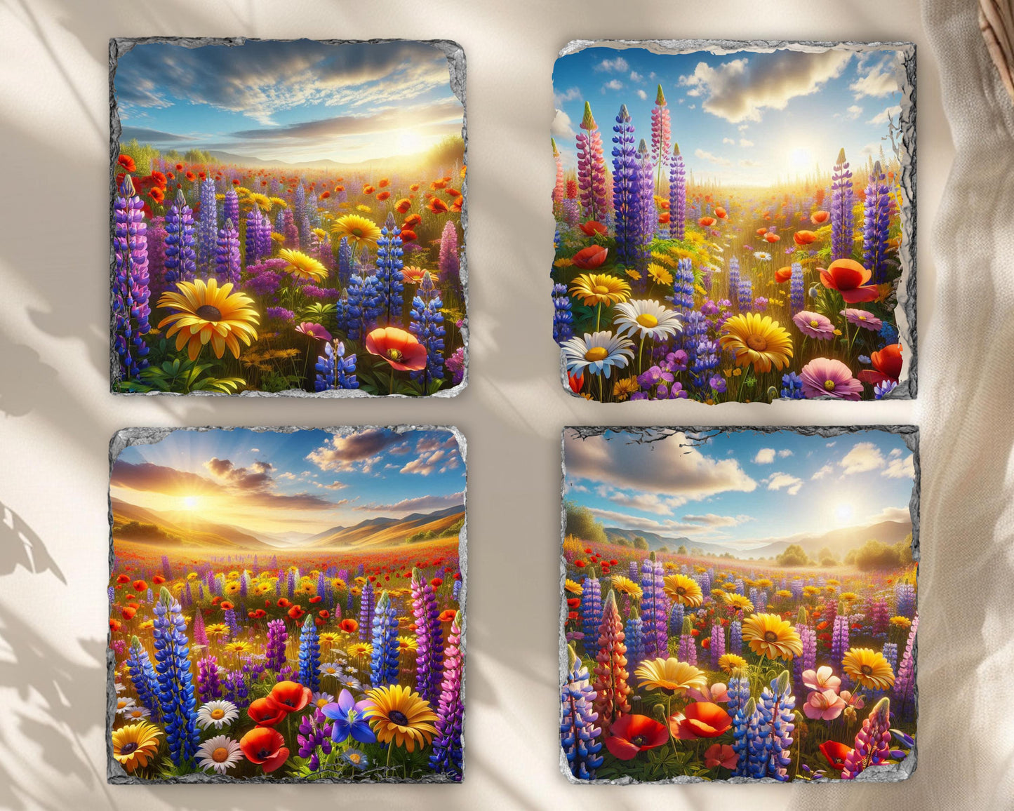 Rustic Sunset Slate Coaster Set - Wildflower Valley Gift for Her