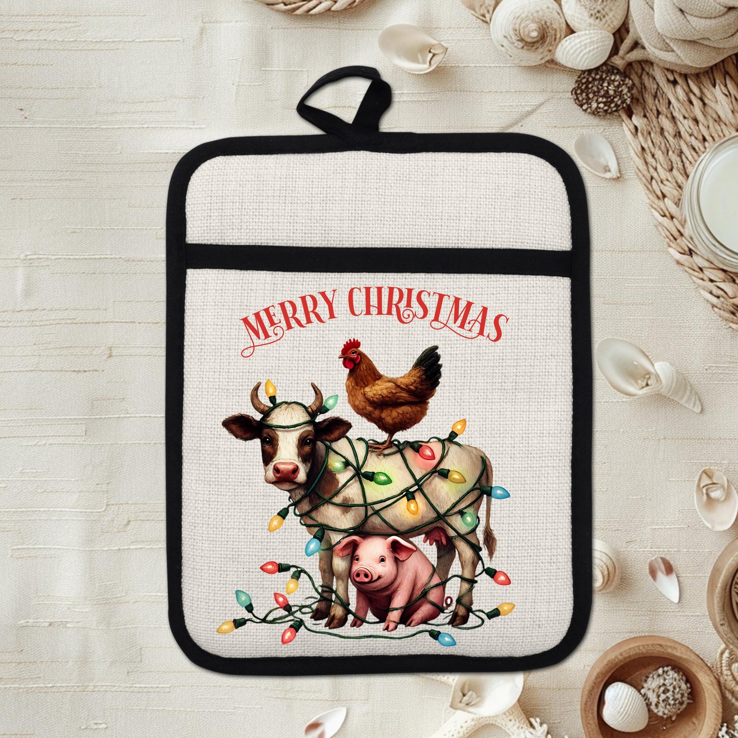 Funny Farm Animal Christmas Pot Holder - Cow Pig  Chicken Design Rustic Linen Hot Pad for Festive Kitchen Decor