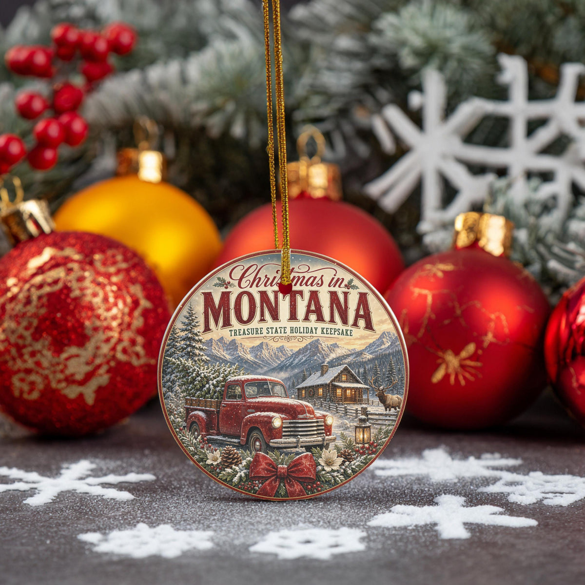 Montana Christmas Ornament, Rustic Cabin Scene | Ceramic, 3 Inch