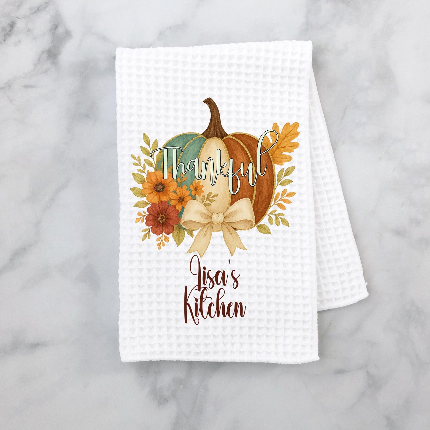 Floral Pumpkin Kitchen Towel with Waffle Weave  Coquette Bow for Thanksgiving Decor