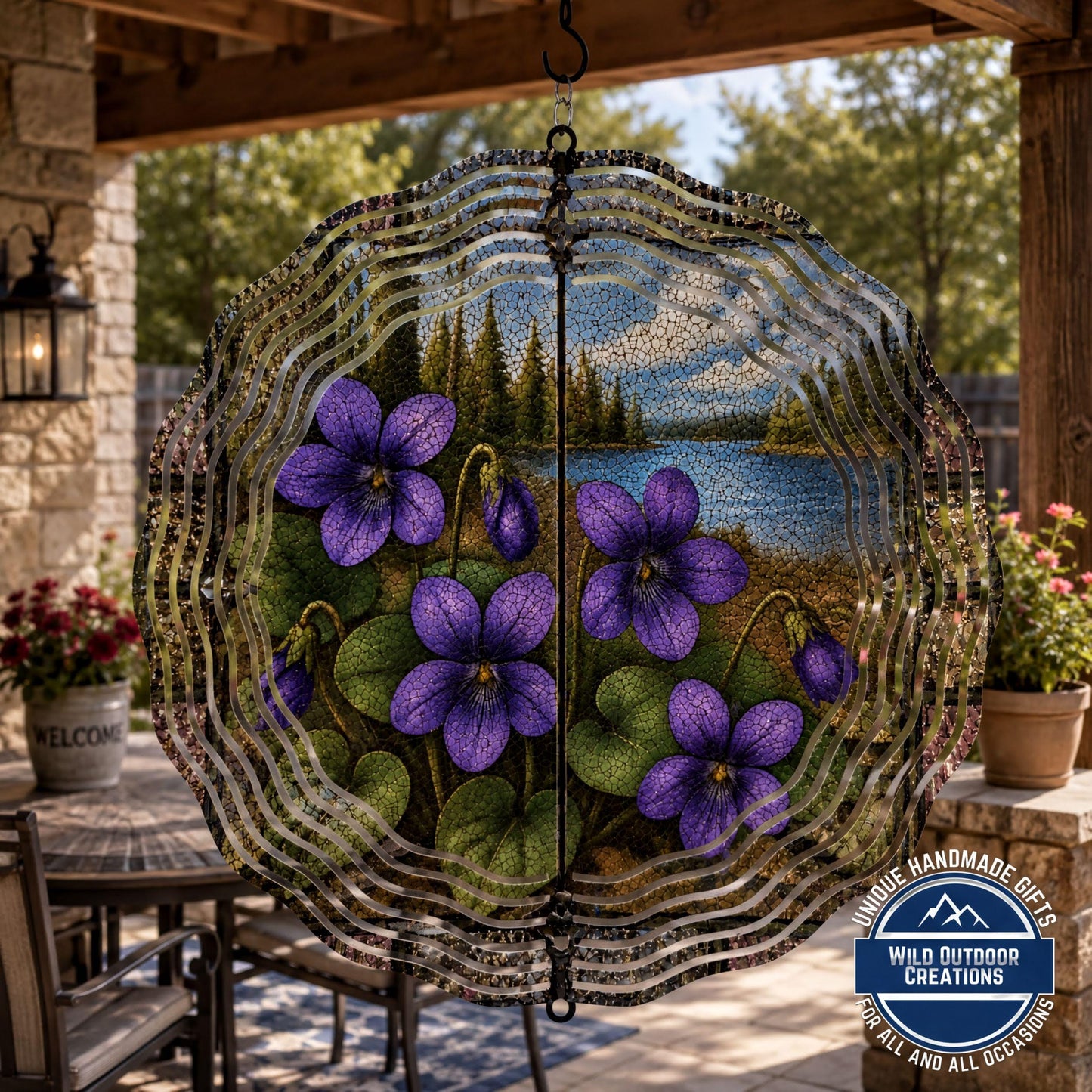 Wisconsin State Flower Wood Violet Wind Spinner Stained Glass Look Garden Decor 10 Inch
