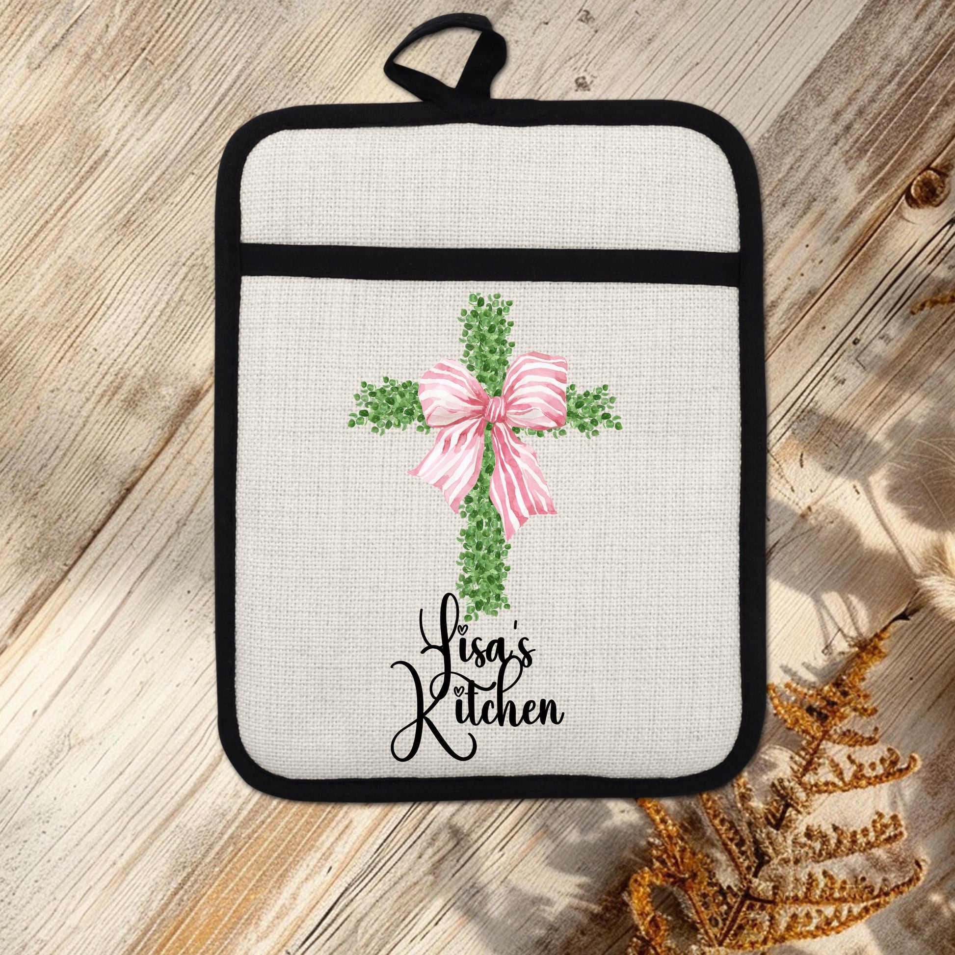 Personalized Cross Pot Holder – Pink Floral Cross, Custom Name Kitchen Gift - additional angle