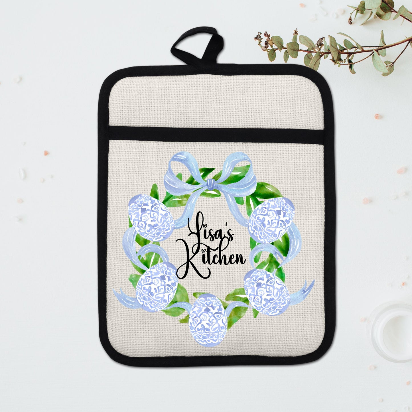 Personalized Easter Wreath | Non-Slip Pot Holder, Blue & White Chinoiserie Style Decor Gift - additional product photo 15