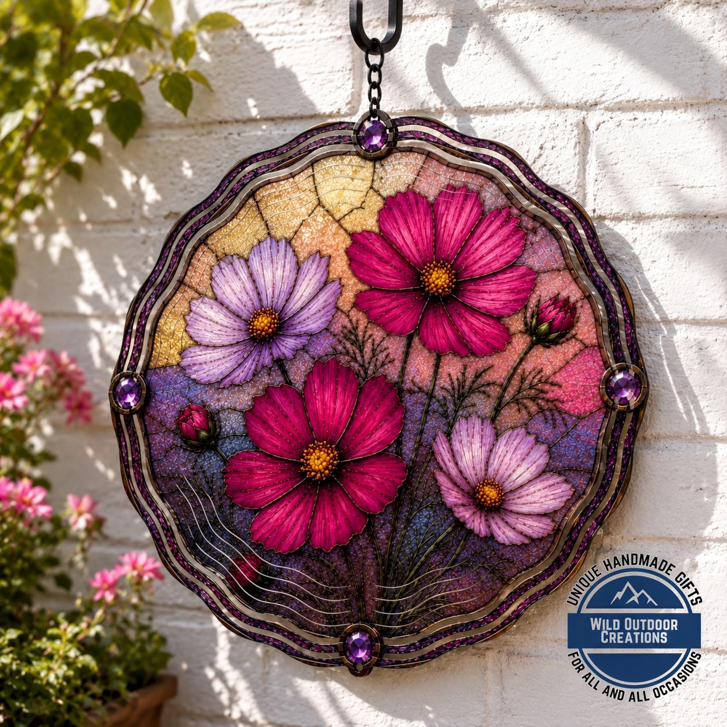 October Birth Flower Wind Spinner Cosmos Faux Stained Glass Garden Gift Yard Art