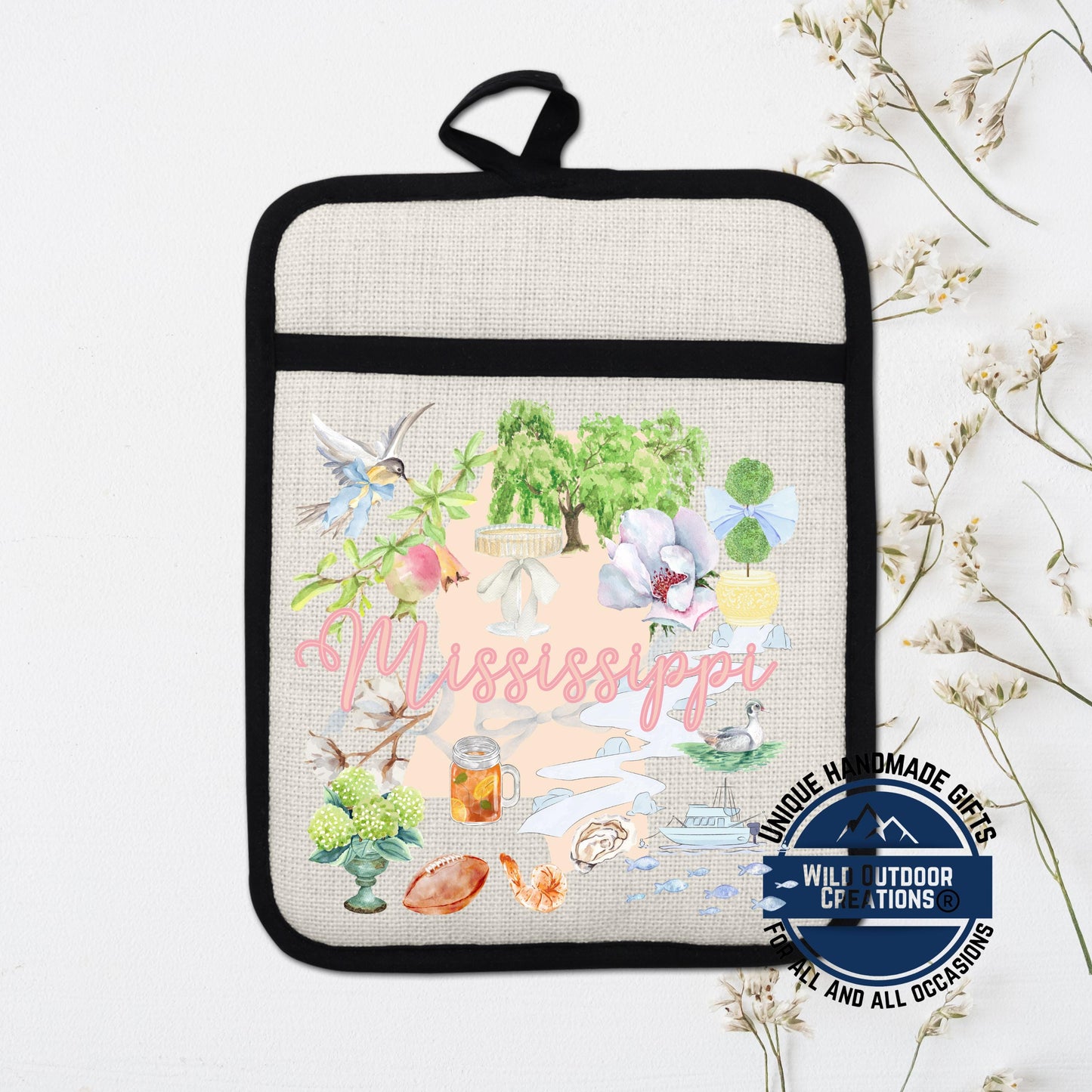 Mississippi Pot Holder | Non Slip Silicone Linen Pocket Potholder With Magnolia Design - packaging and presentation