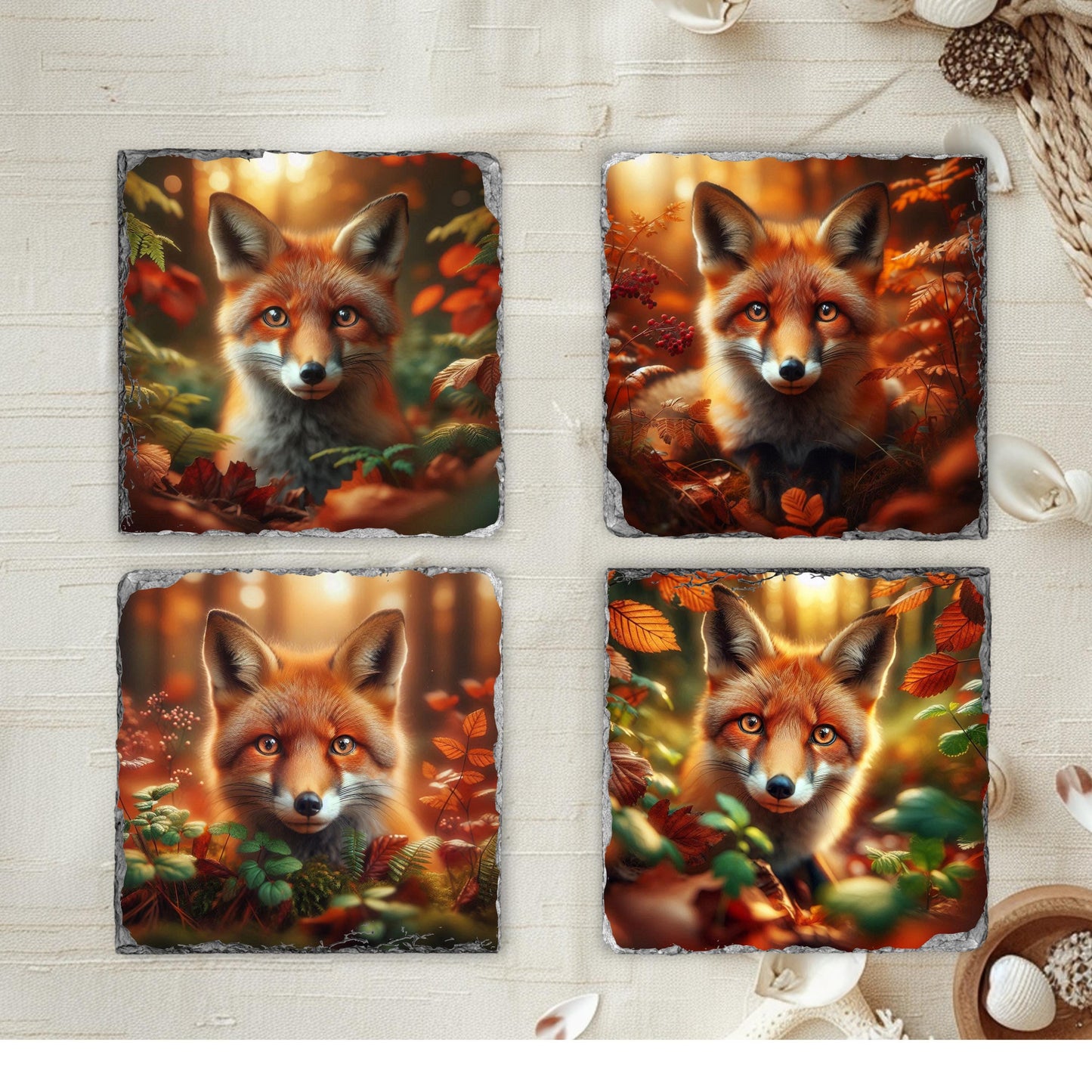Fox Slate Coaster Set with Black Rack - 4 Rustic Fall Forest Design Coasters