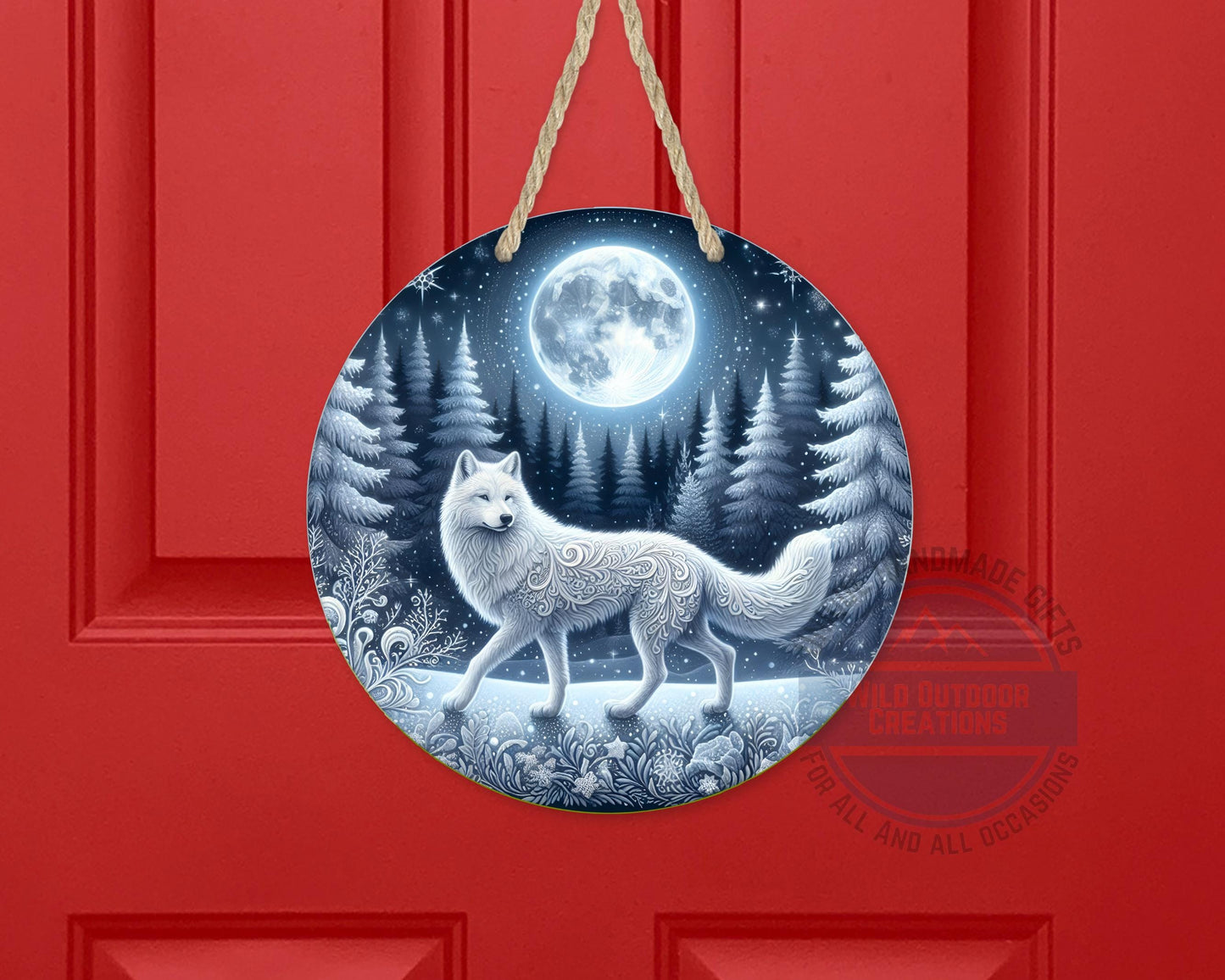 Wolf Door Sign - Rustic Outdoor Decor Full Moon Night with White Wolf Art