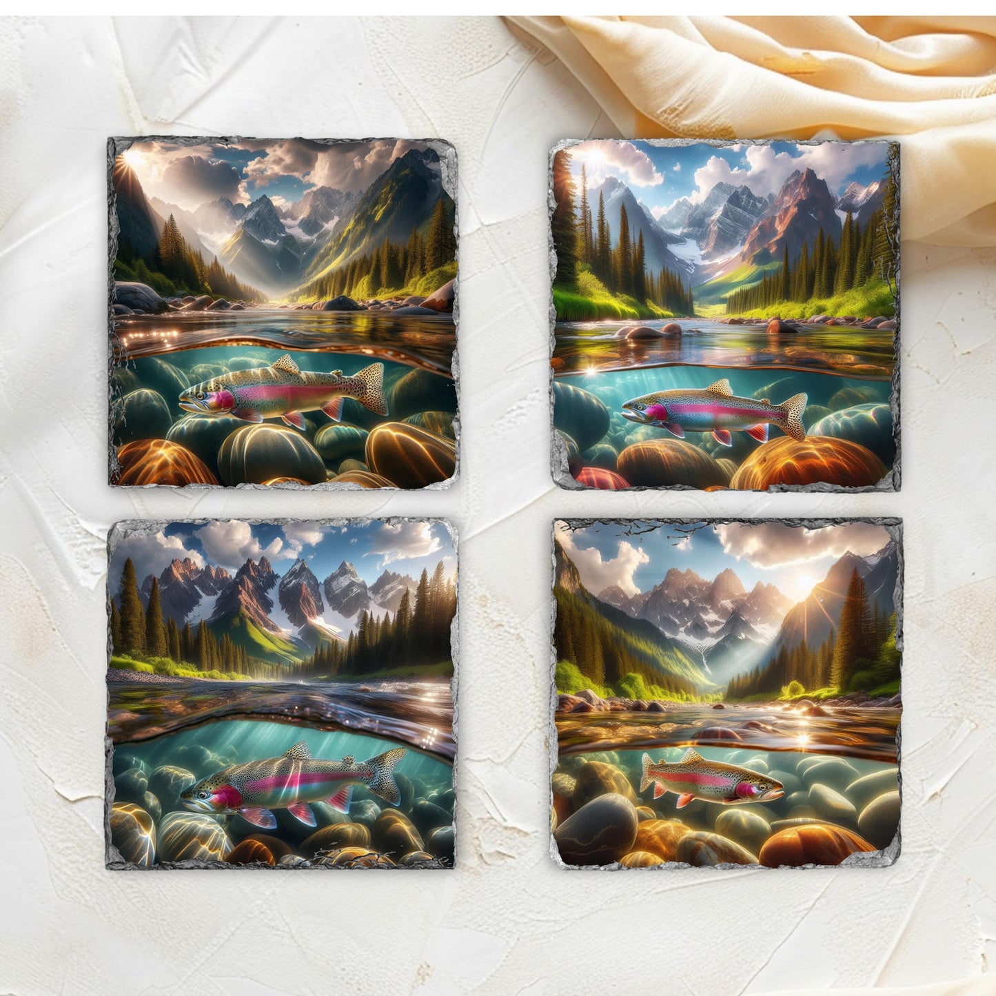 Rainbow Trout Slate Coaster Set with Fractured Edges - Ideal Gift for Fishermen and Outdoor Lovers